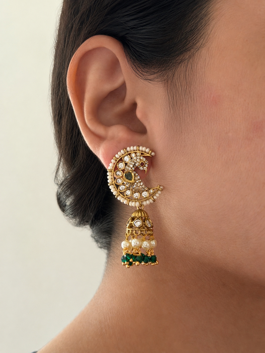 Moon Shaped Peacock Jhumka Earrings