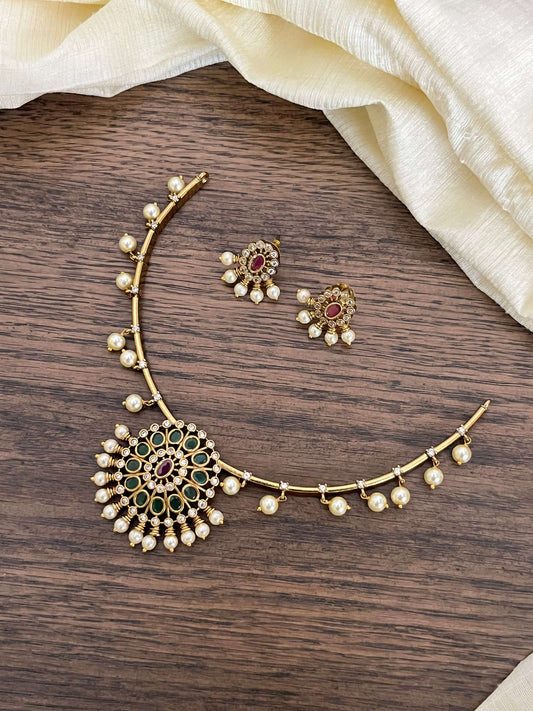 Traditional Kanti Necklace Set with Pearl Drops & Ruby-Green Stones | Antique Gold Finish