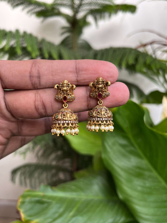 Traditional Nakshi Jhumka Earrings with Pearl Drops – Antique Gold Temple Jewellery