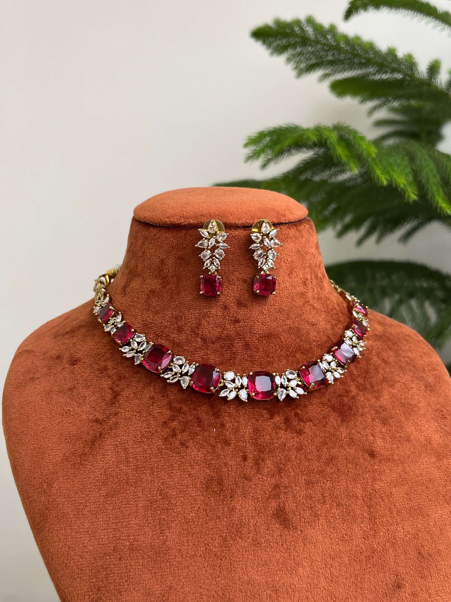Green & Ruby Stone Necklace Set with Earrings | American Diamond Jewellery