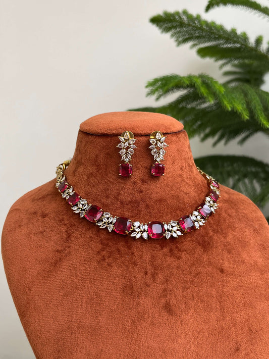 Green & Ruby Stone Necklace Set with Earrings | American Diamond Jewellery