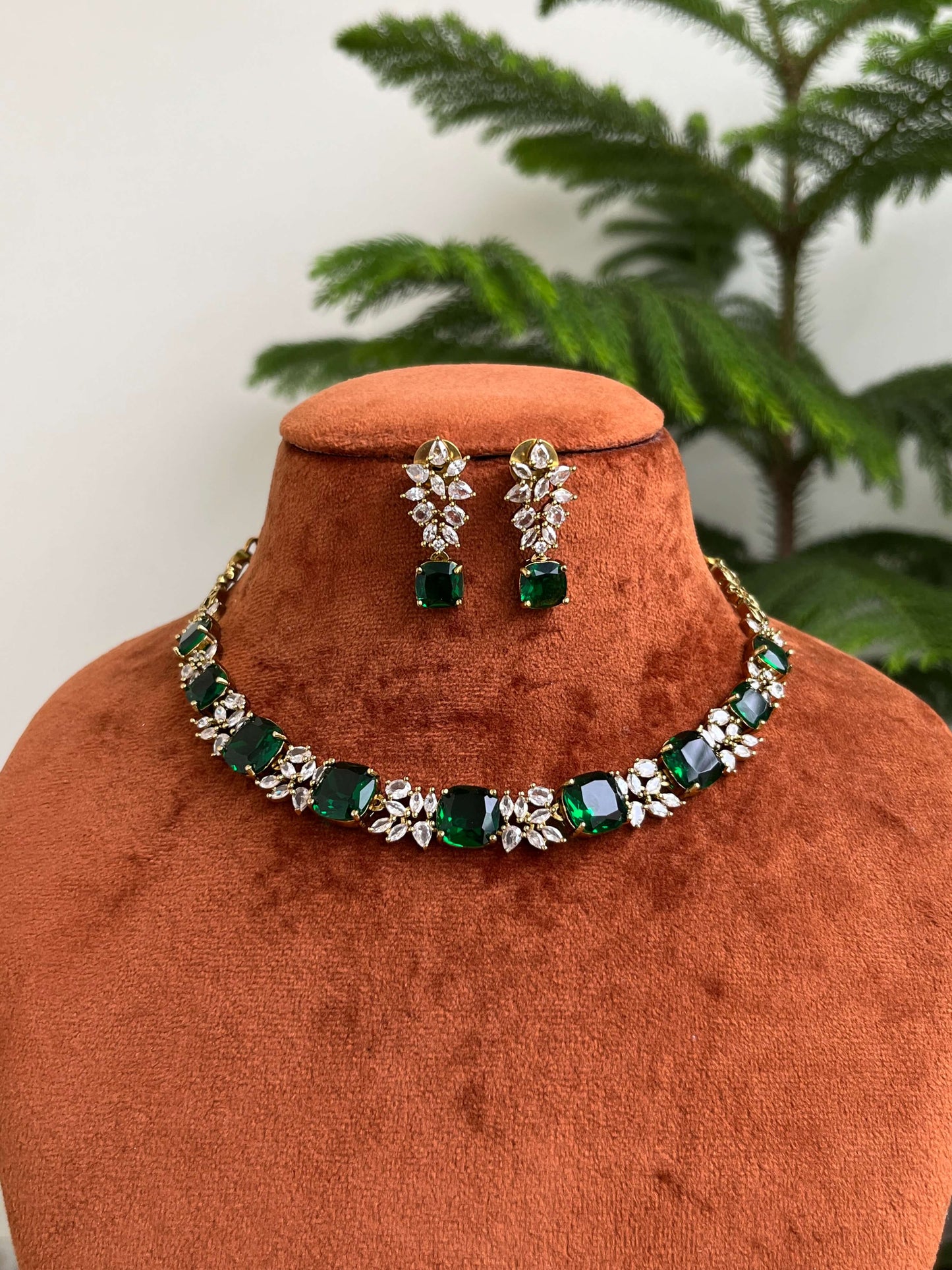 Green & Ruby Stone Necklace Set with Earrings | American Diamond Jewellery