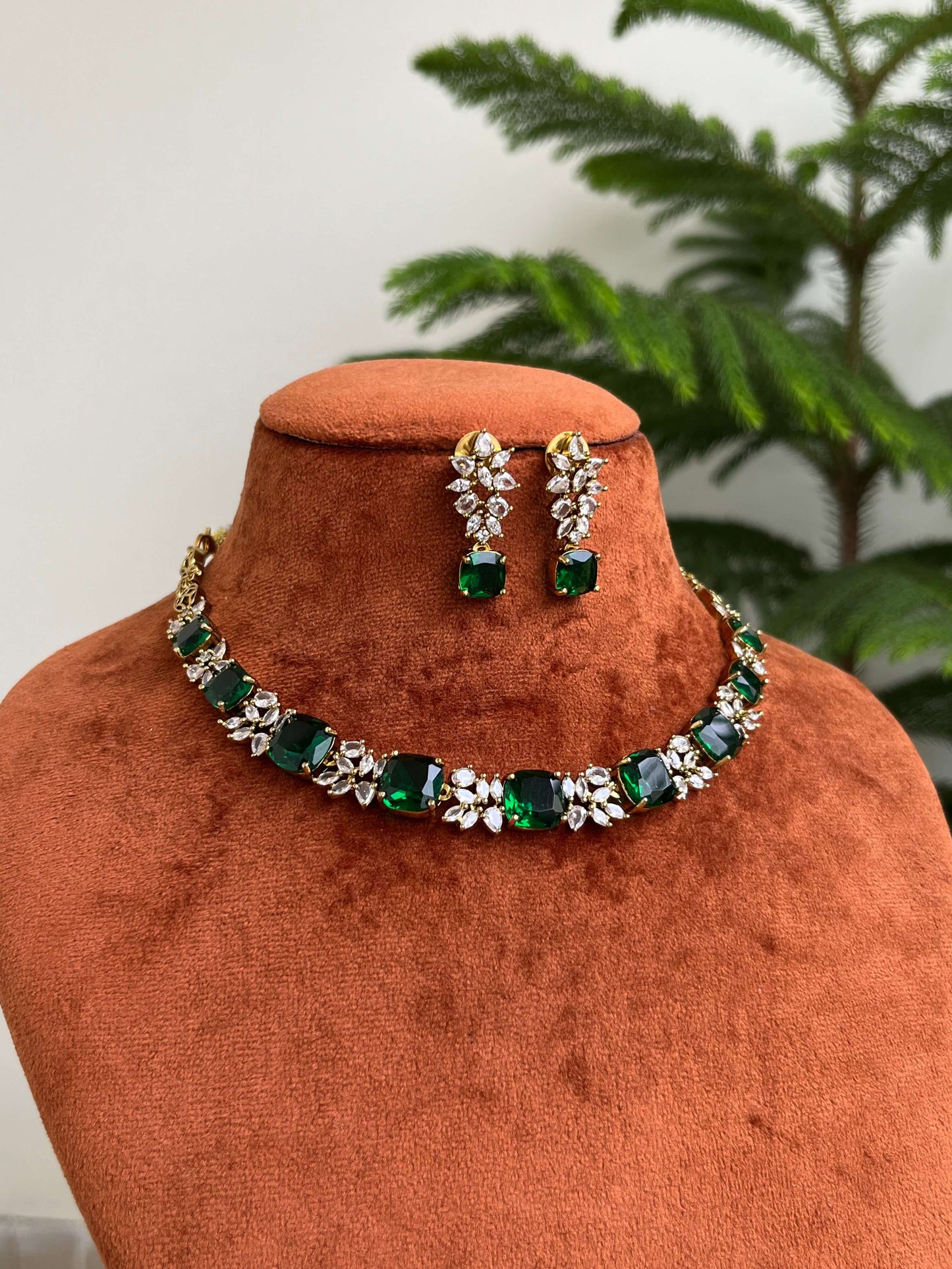 Green & Ruby Stone Necklace Set with Earrings | American Diamond Jewellery