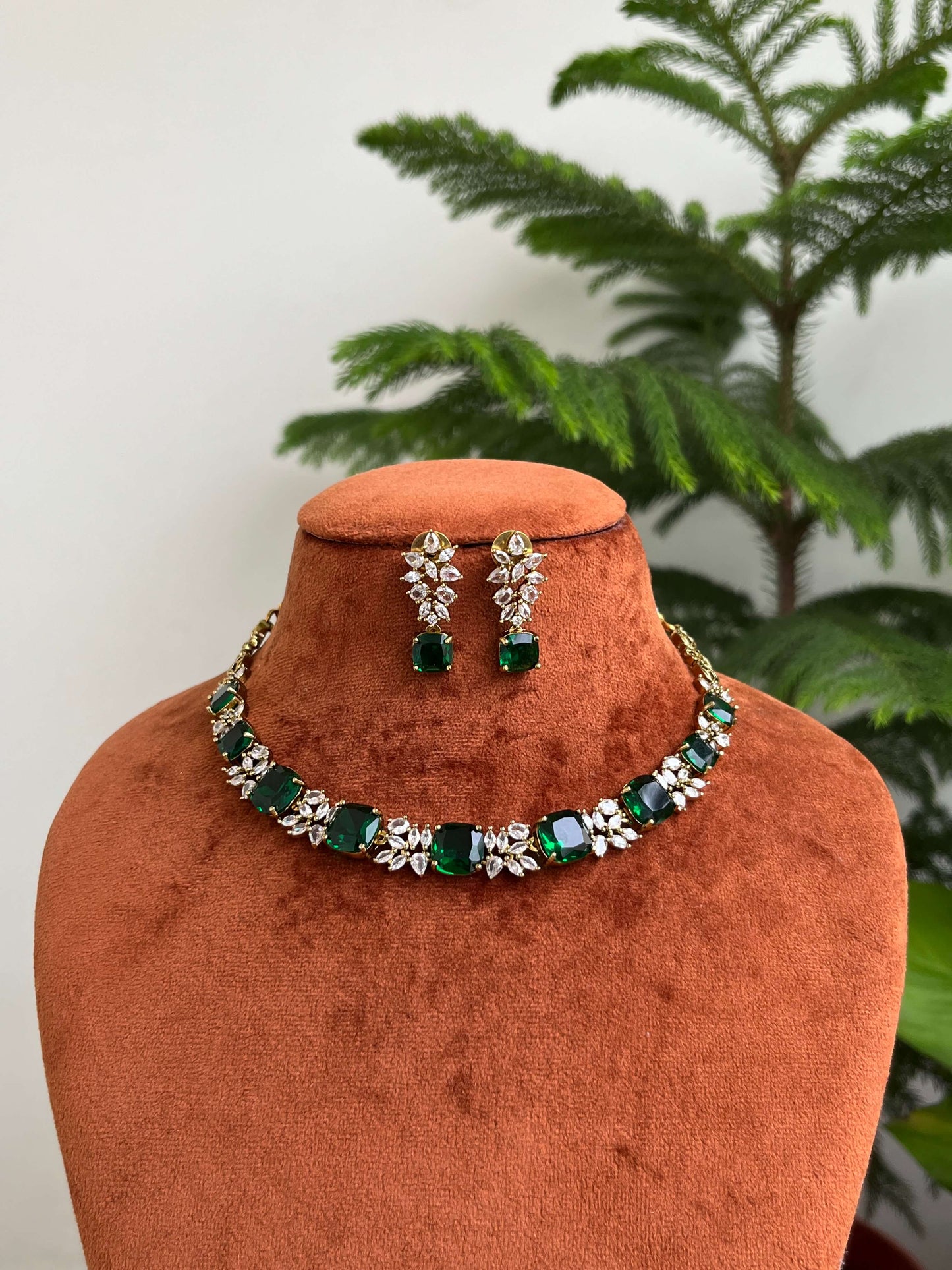 Green & Ruby Stone Necklace Set with Earrings | American Diamond Jewellery