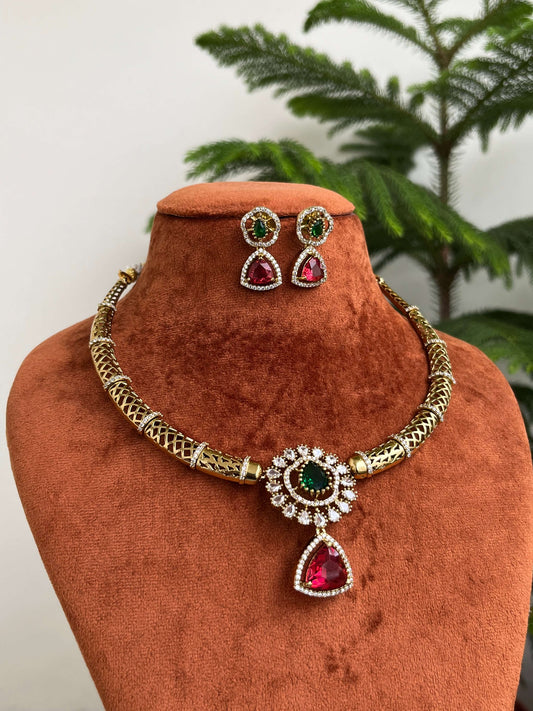 Manasilaayo Inspired Kanti Necklace – Multicolor Red & Green – With Earrings