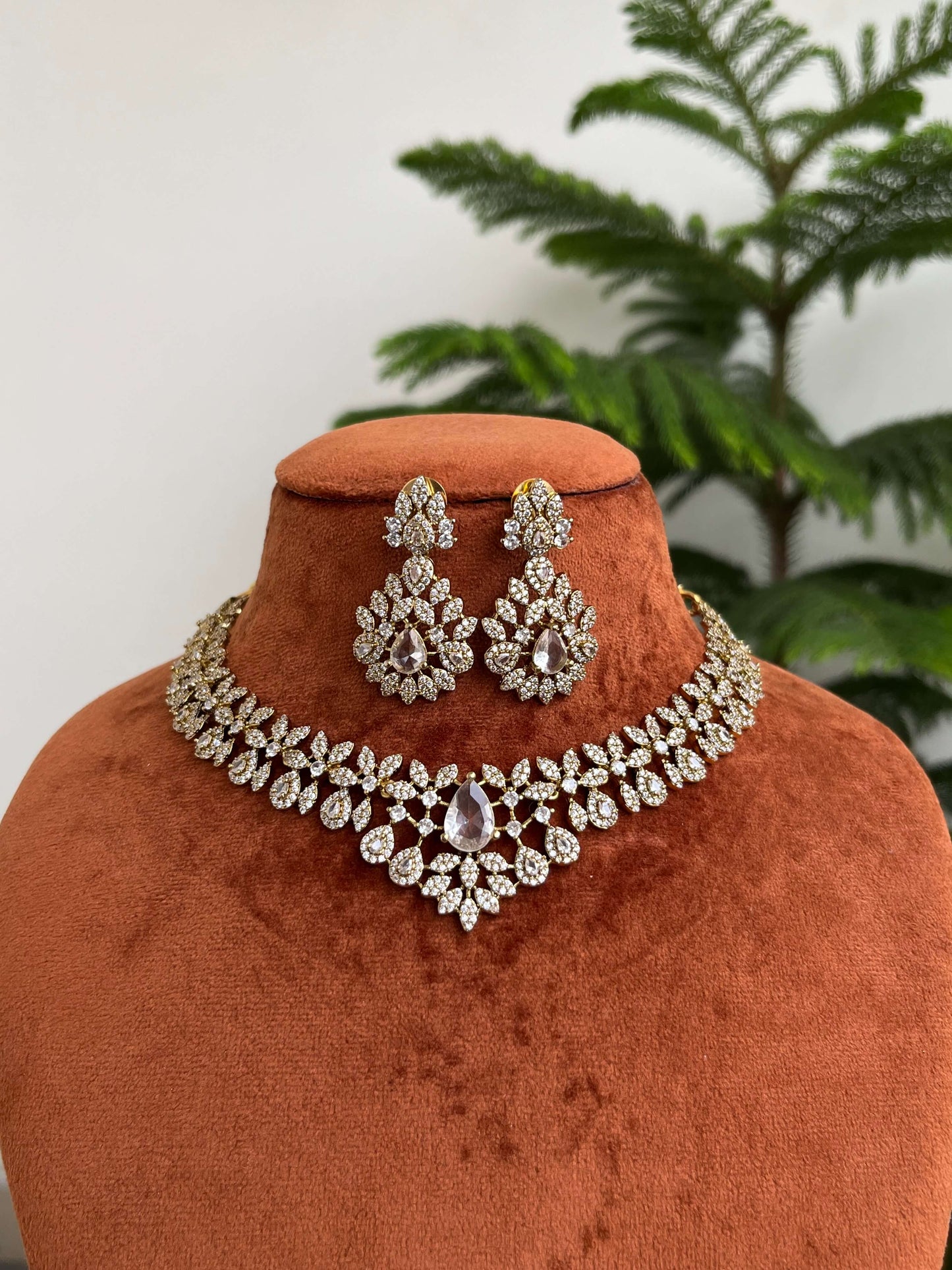 Diamond Look Choker Necklace Set with Earrings | Premium CZ Stone Jewelleryi