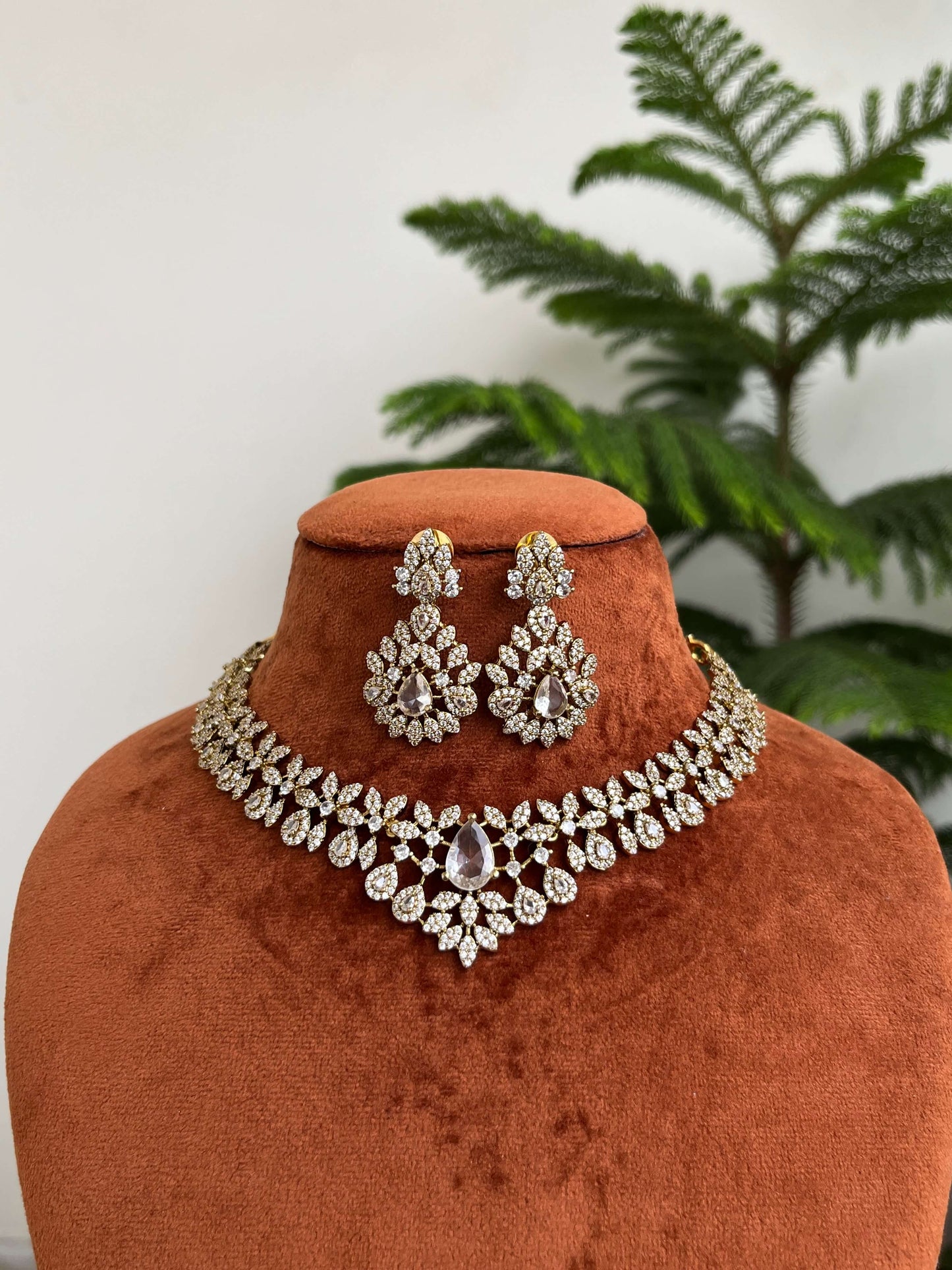 Diamond Look Choker Necklace Set with Earrings | Premium CZ Stone Jewelleryi