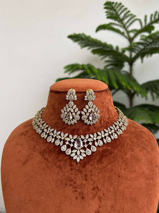 Diamond Look Choker Necklace Set with Earrings | Premium CZ Stone Jewelleryi