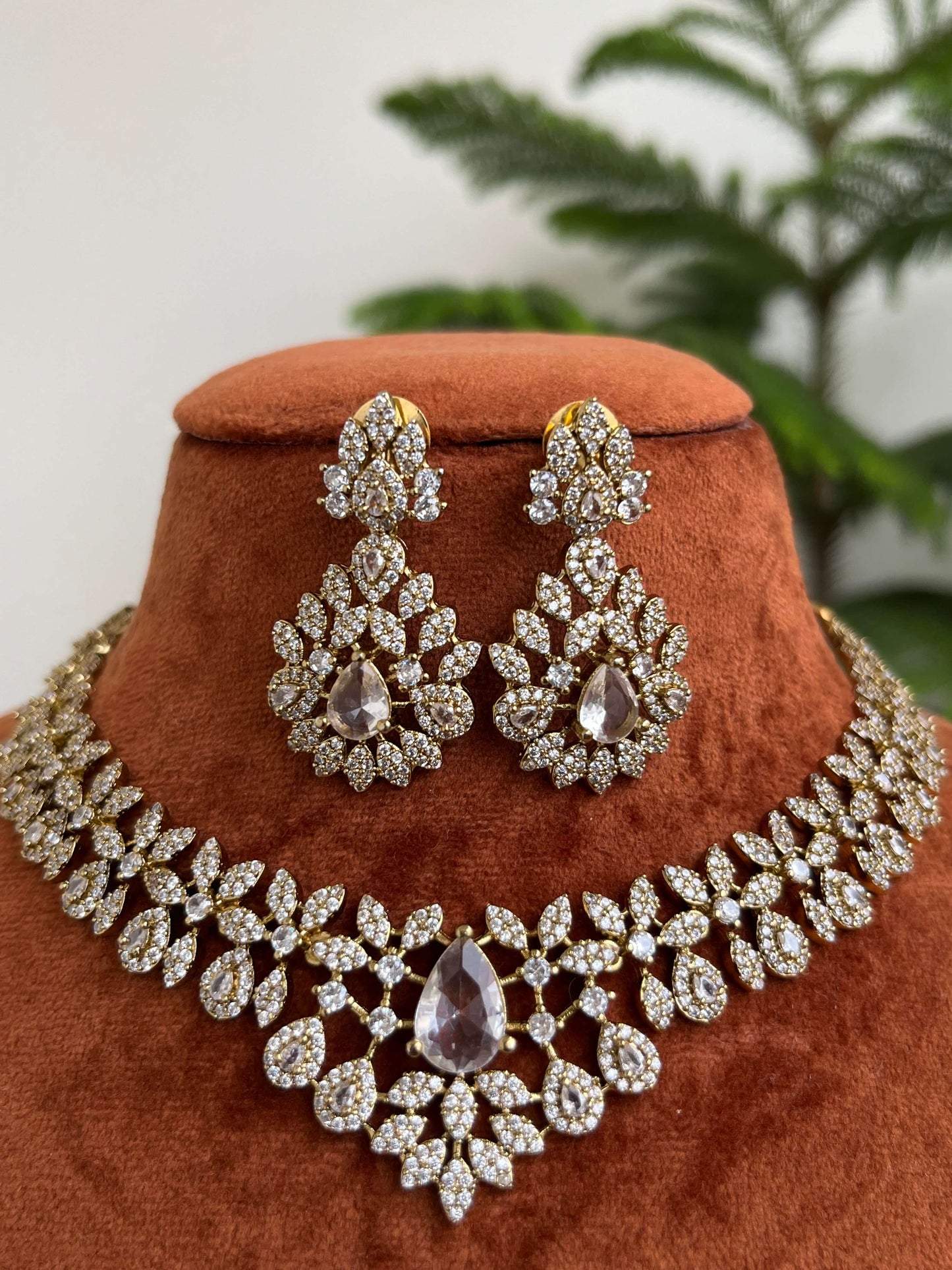 Diamond Look Choker Necklace Set with Earrings | Premium CZ Stone Jewelleryi