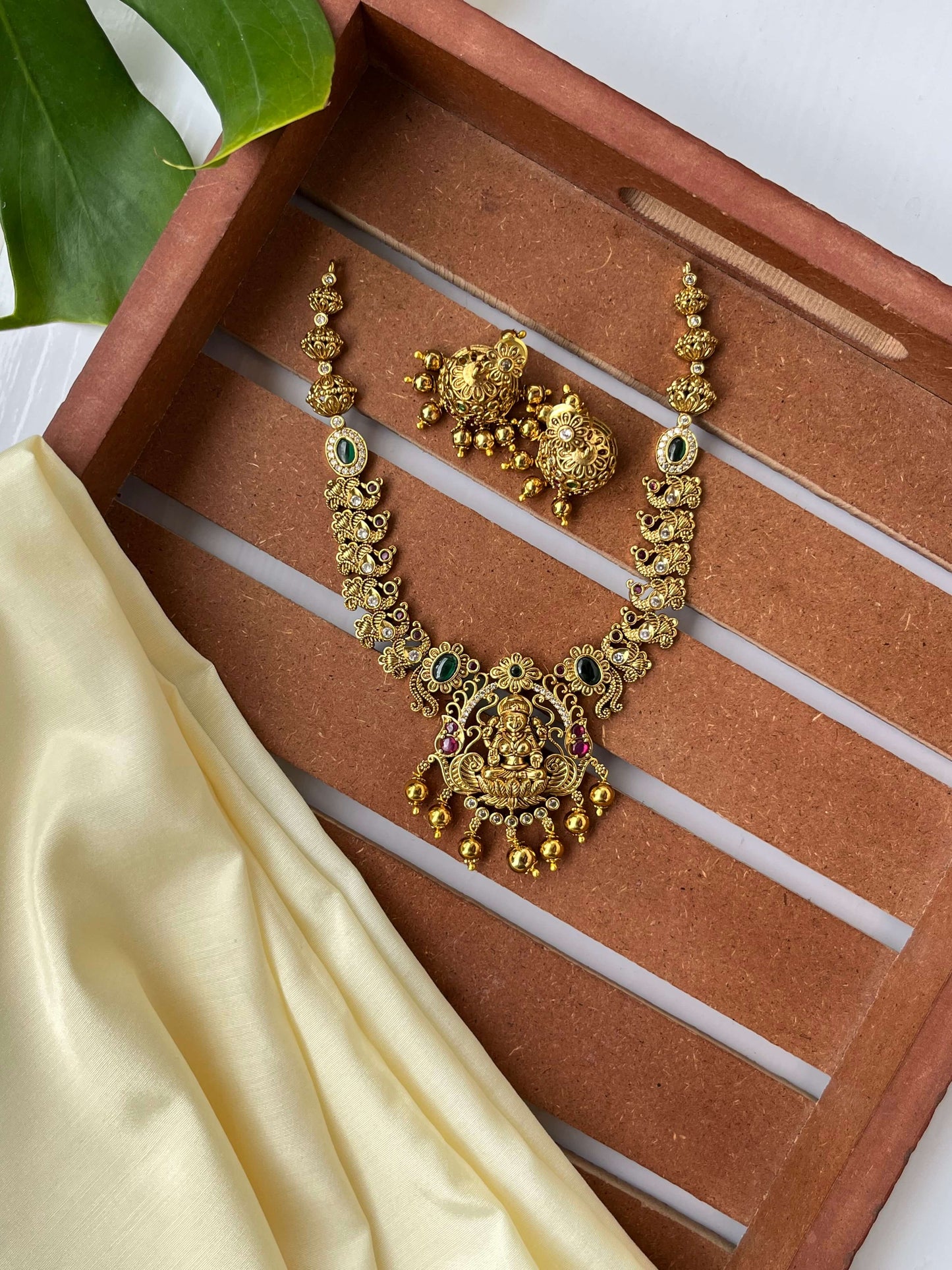 Lakshmi Devi Necklace Set with Jhumkas – Traditional South Indian Jewelry