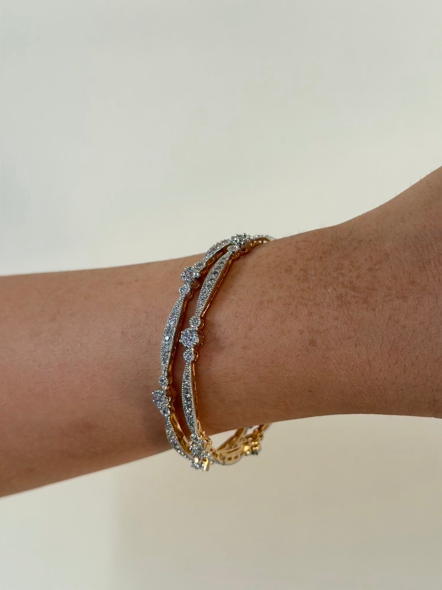 Wavy Diamond-Look Bangle Set with CZ Floral Clusters