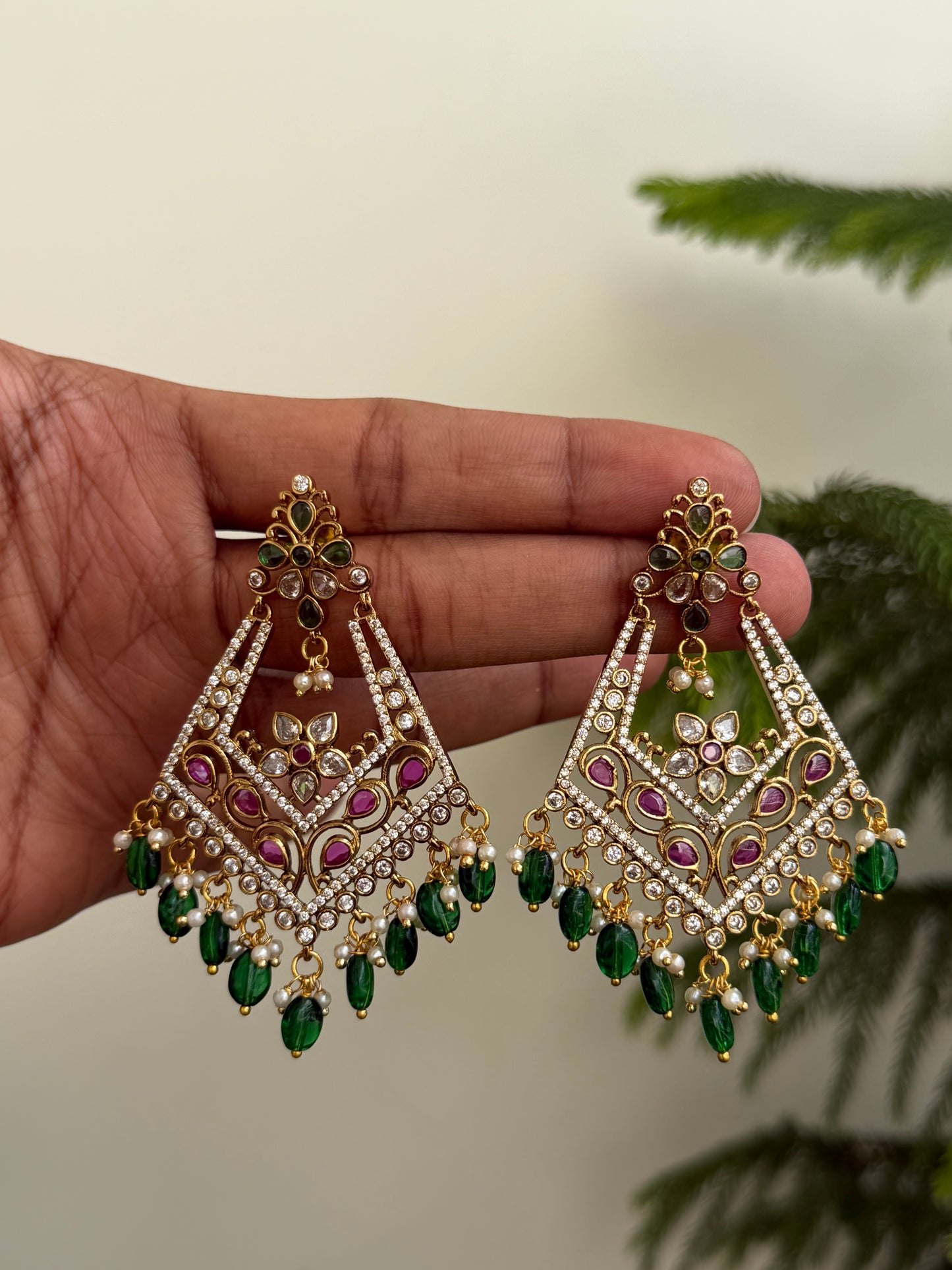 Kundan Style Chandelier Earrings with AD & Green Drops