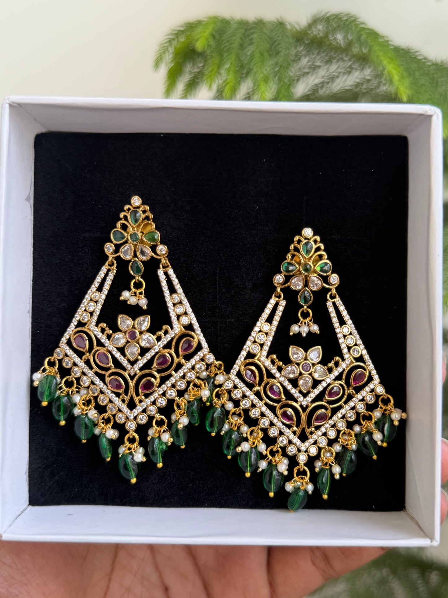 Kundan Style Chandelier Earrings with AD & Green Drops