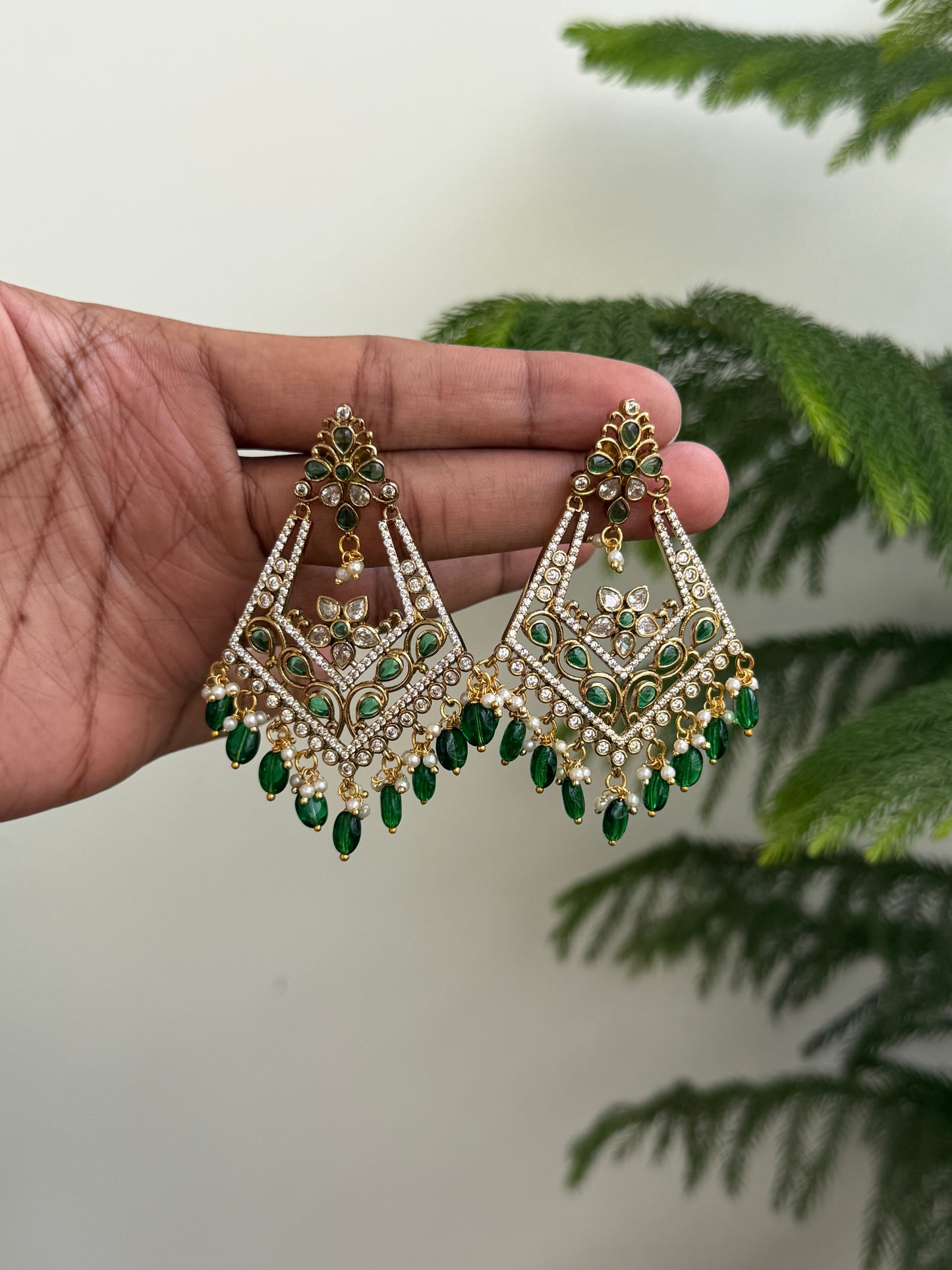 Kundan Style Chandelier Earrings with AD & Green Drops