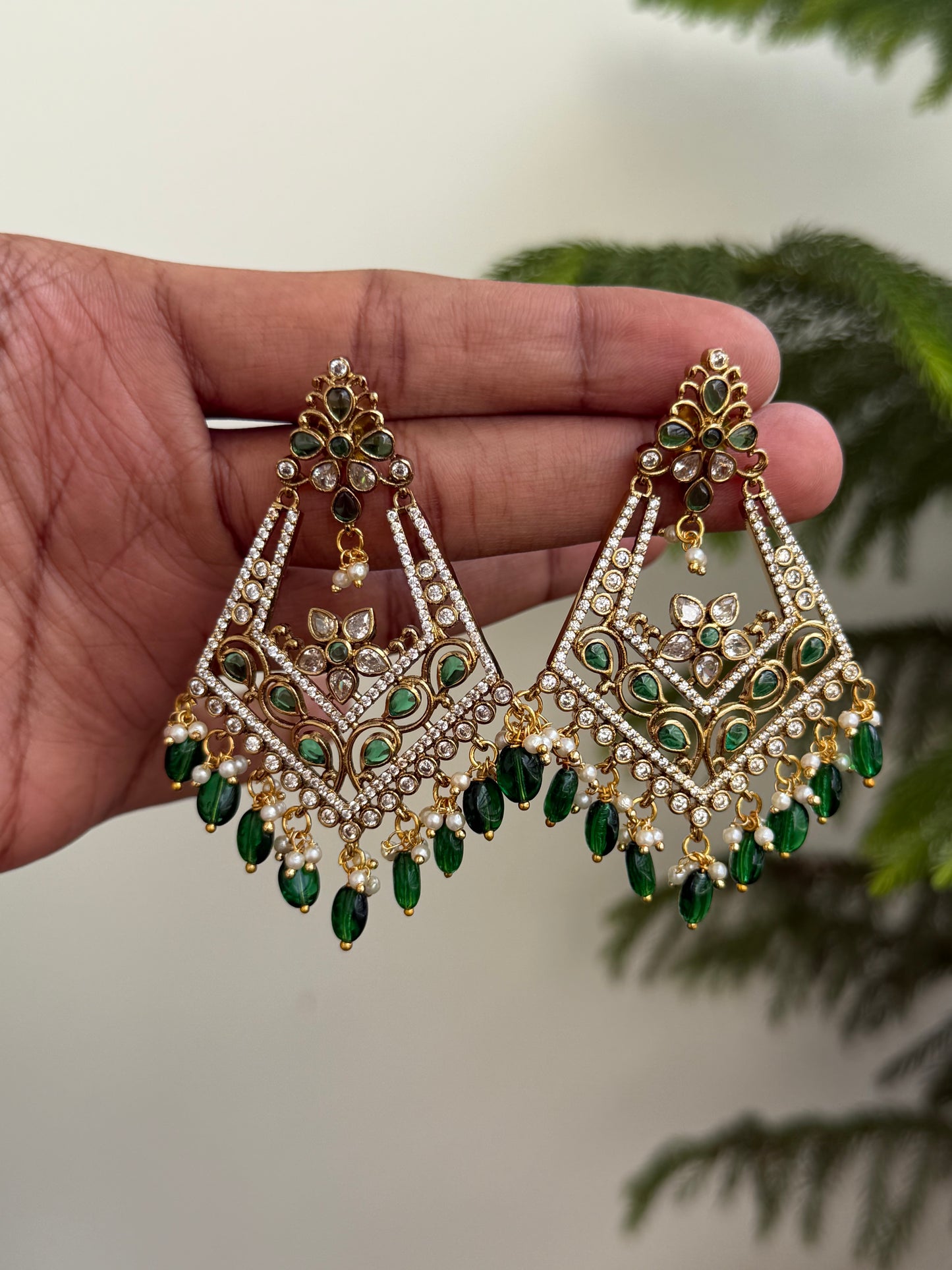 Kundan Style Chandelier Earrings with AD & Green Drops