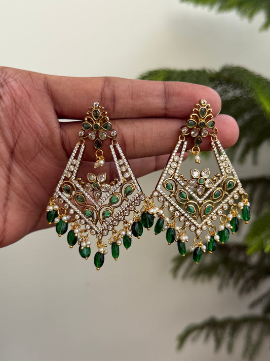 Kundan Style Chandelier Earrings with AD & Green Drops