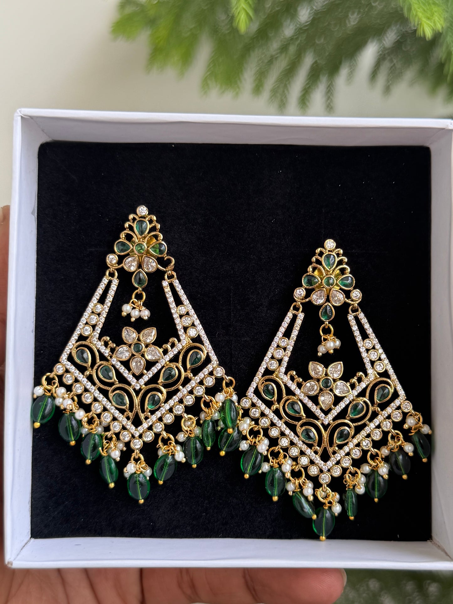 Kundan Style Chandelier Earrings with AD & Green Drops