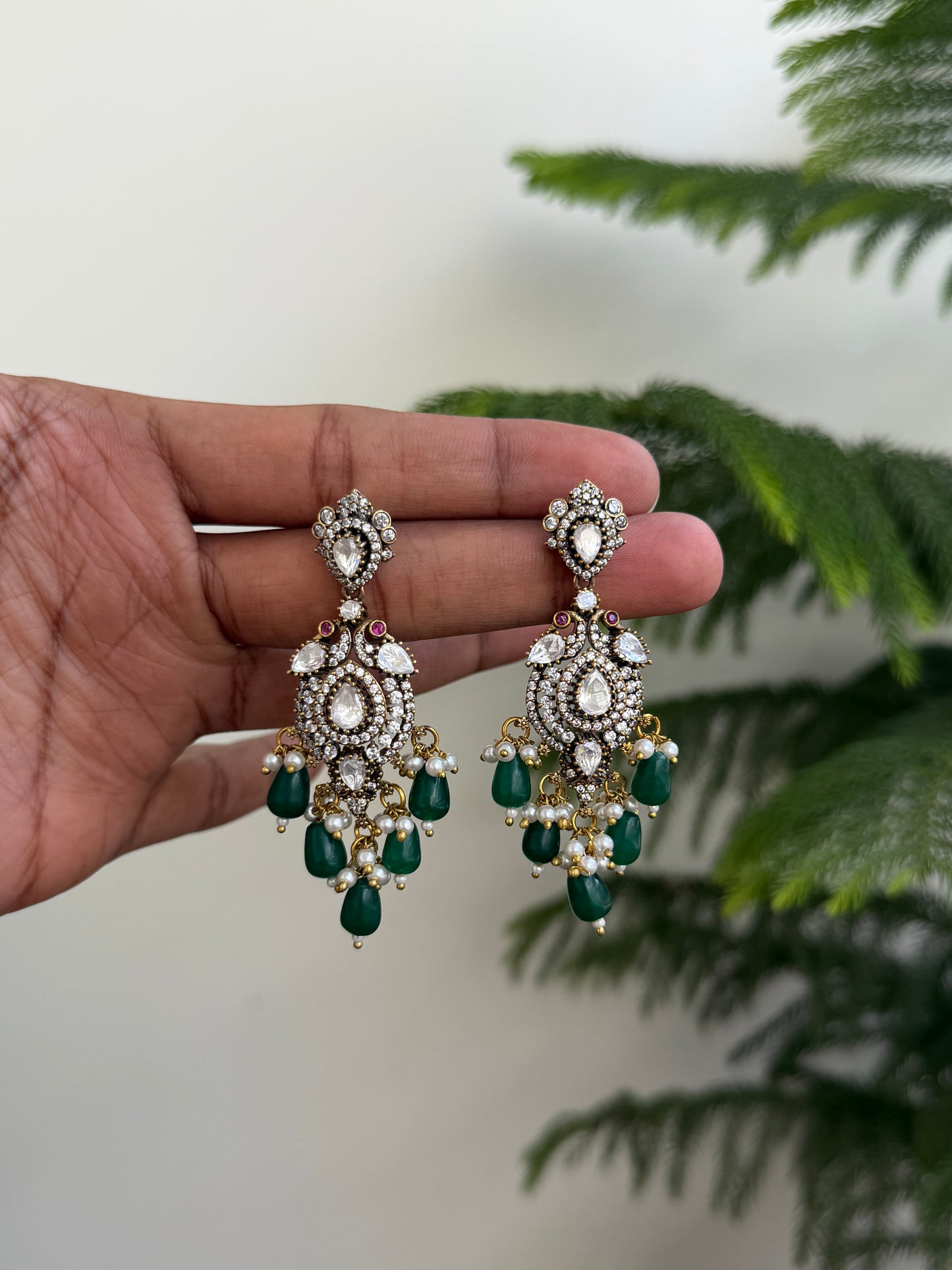 Premium Moissanite Style & Ruby Drop Earrings with Antique Silver Finish