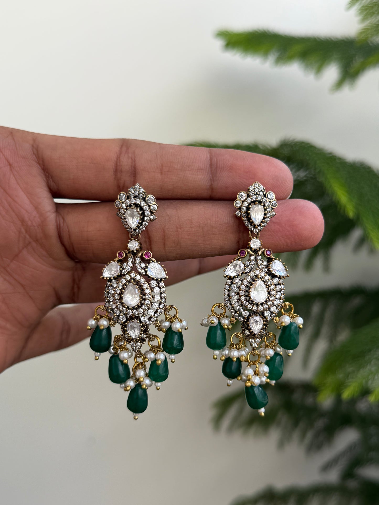 Premium Moissanite Style & Ruby Drop Earrings with Antique Silver Finish