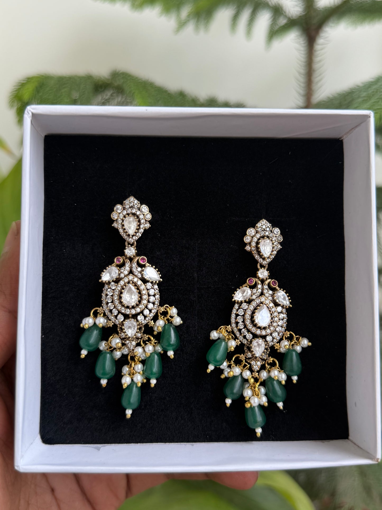 Premium Moissanite Style & Ruby Drop Earrings with Antique Silver Finish
