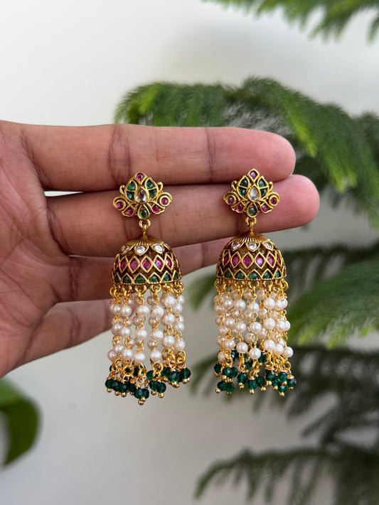Traditional Kemp Stone Jhumkas with Pearl & Emerald Drops (Matte Gold Finish)