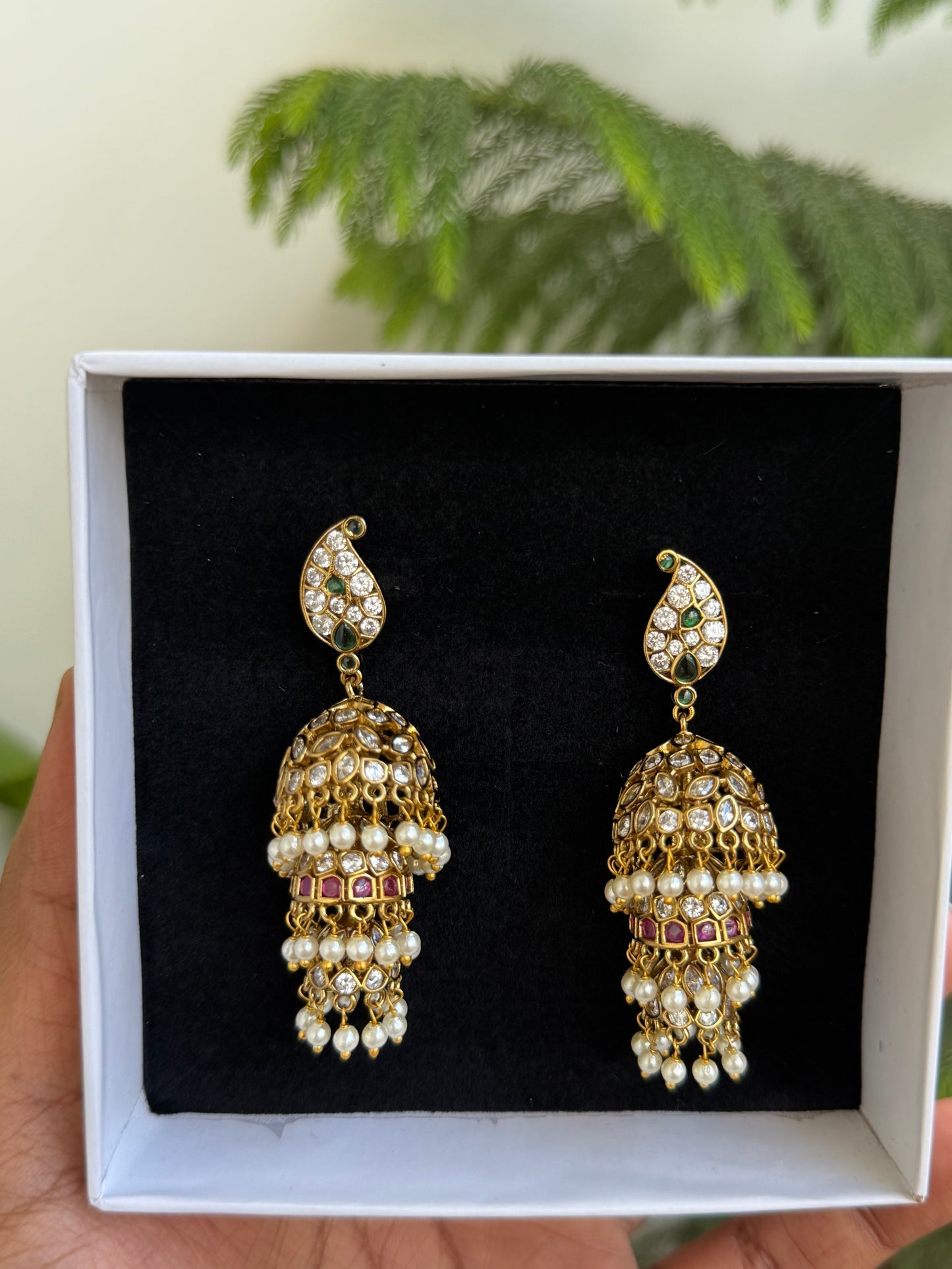 Polki Style AD Jhumkas with Paisley Stud & Pearl Tassel Drops