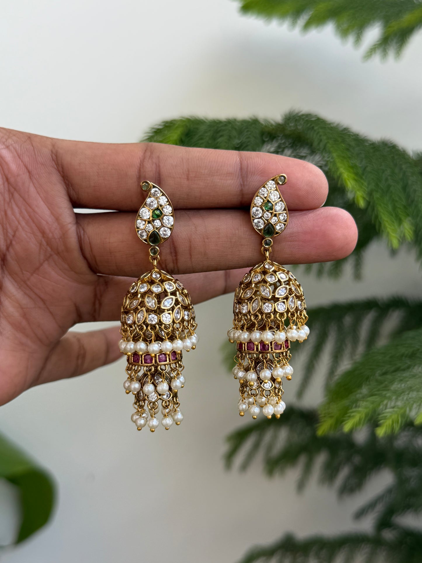 Polki Style AD Jhumkas with Paisley Stud & Pearl Tassel Drops