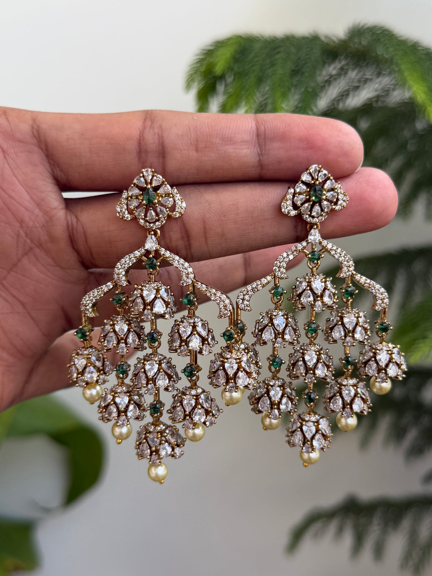 Grand Polki Style AD Chandelier Earrings with Emerald & Pearl Drops