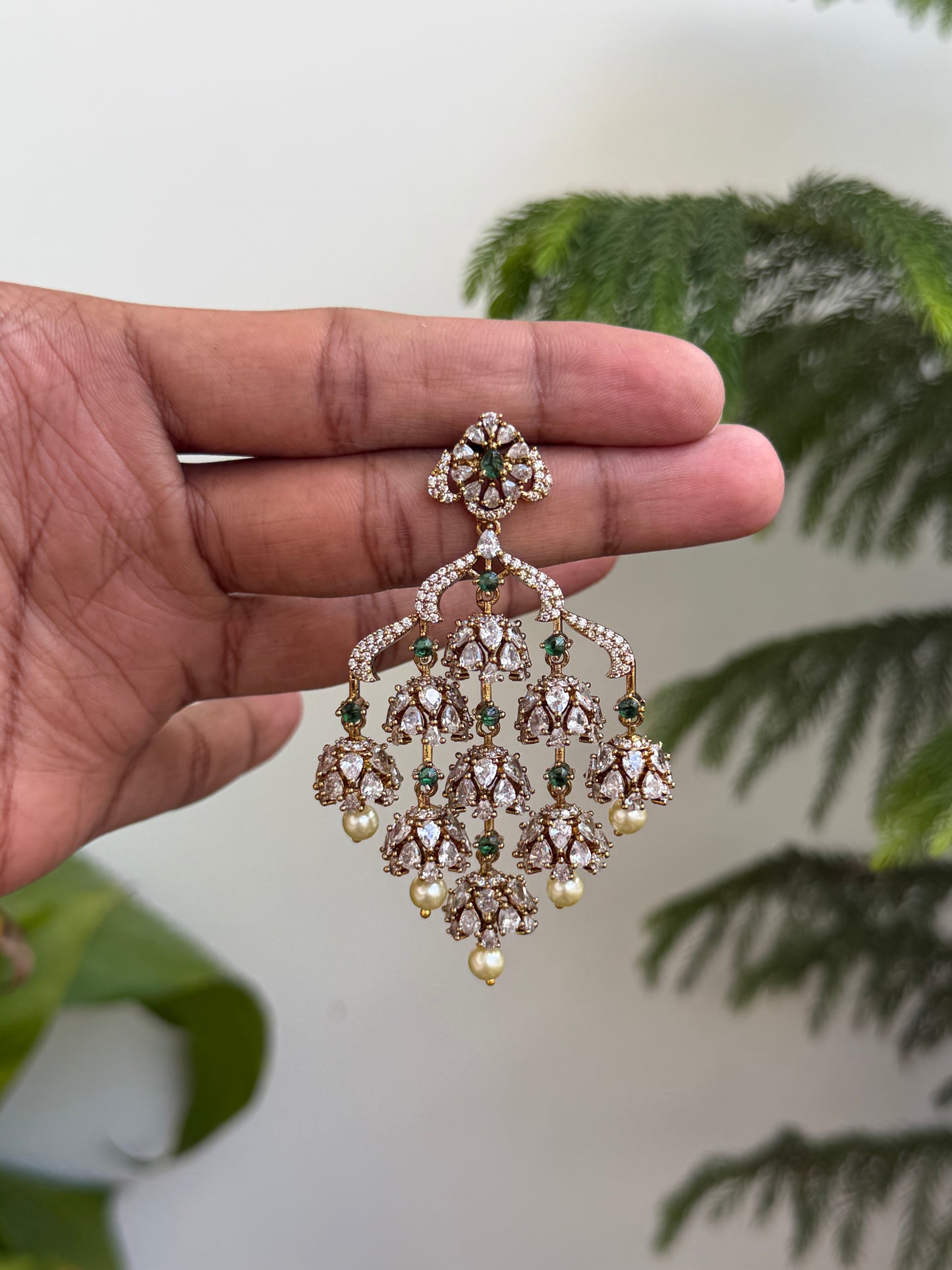 Grand Polki Style AD Chandelier Earrings with Emerald & Pearl Drops