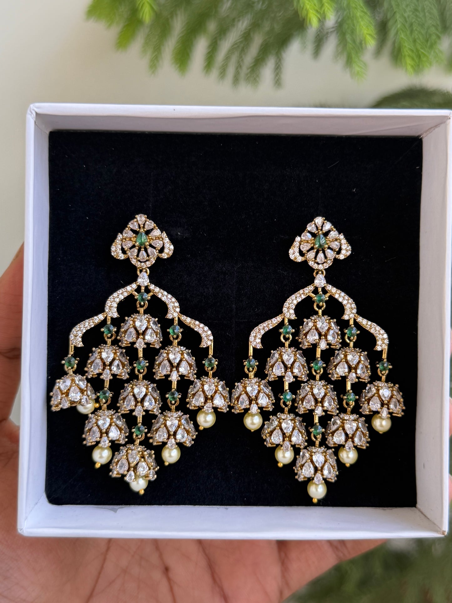 Grand Polki Style AD Chandelier Earrings with Emerald & Pearl Drops