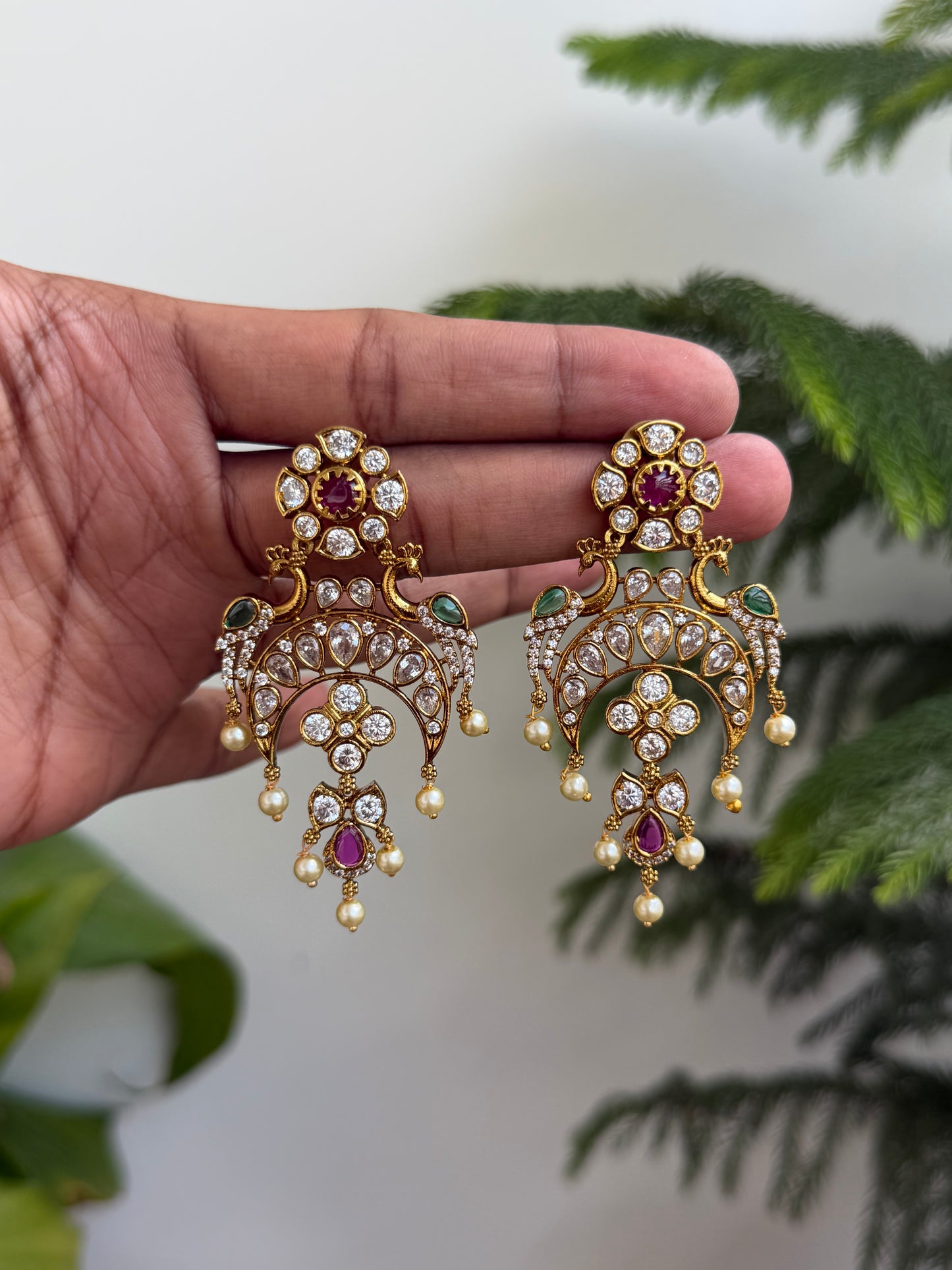 Peacock Motif Polki Style Chaandbali Earrings with Pearl Drops (Multi/Green)