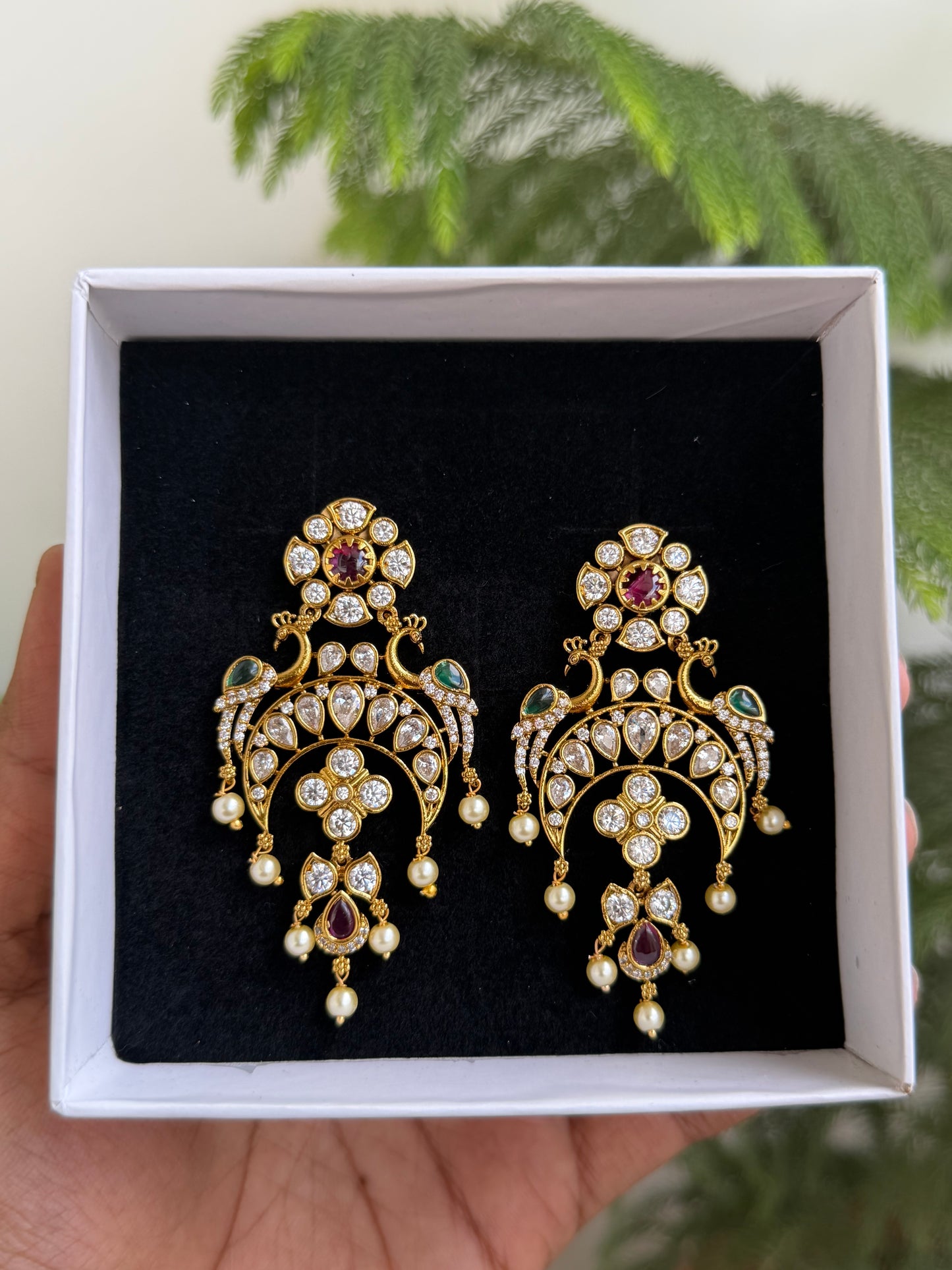 Peacock Motif Polki Style Chaandbali Earrings with Pearl Drops (Multi/Green)