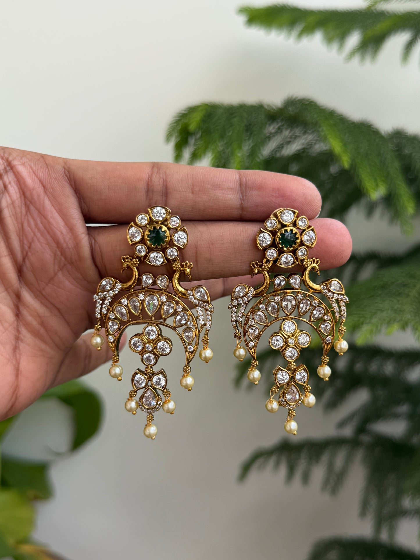 Peacock Motif Polki Style Chaandbali Earrings with Pearl Drops (Multi/Green)
