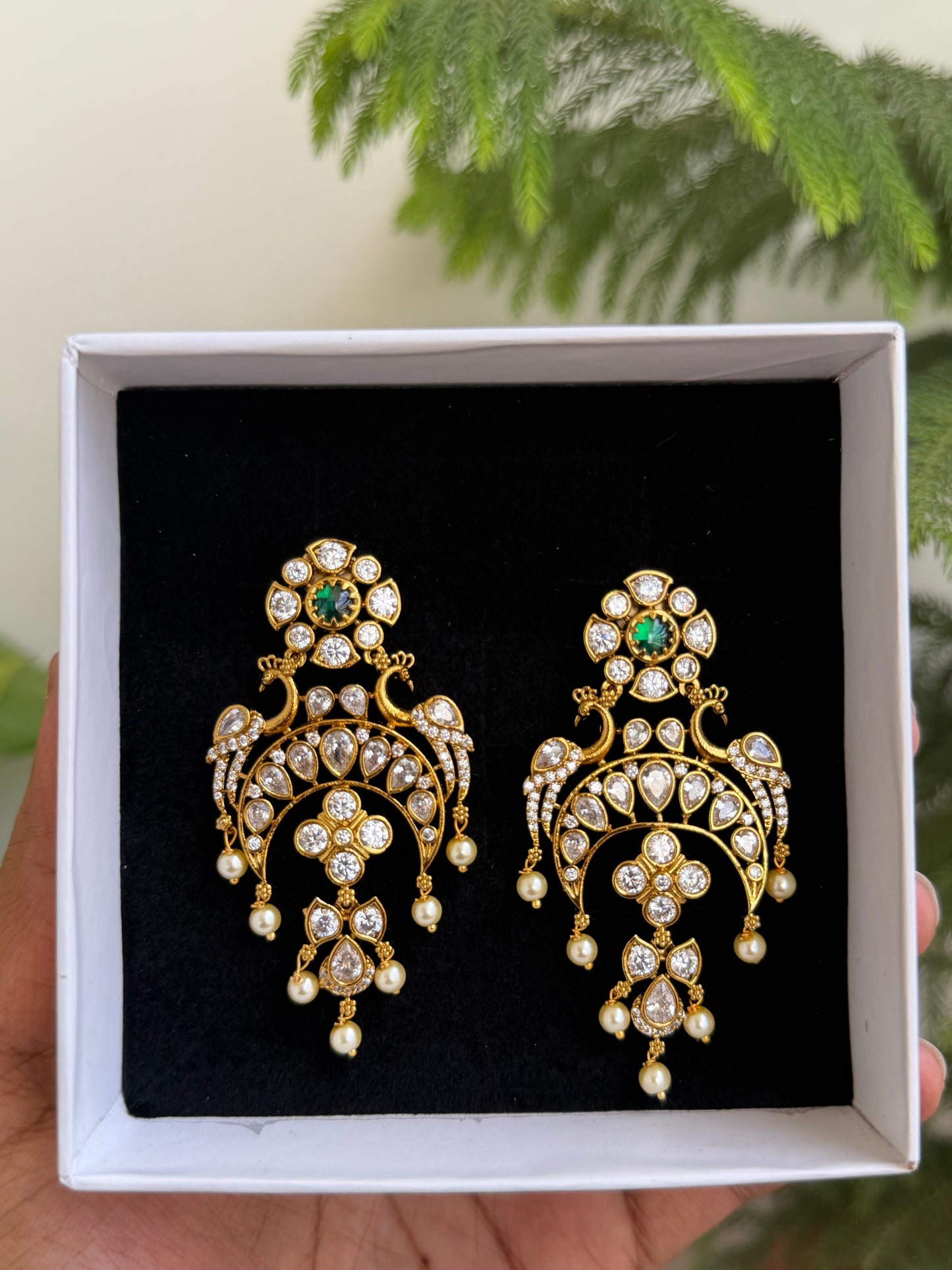 Peacock Motif Polki Style Chaandbali Earrings with Pearl Drops (Multi/Green)