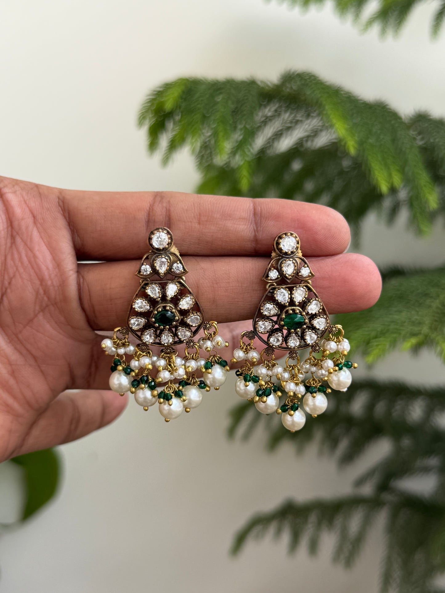 Moissanite Style Polki Danglers with Emerald & Pearl Drops (Antique Finish)