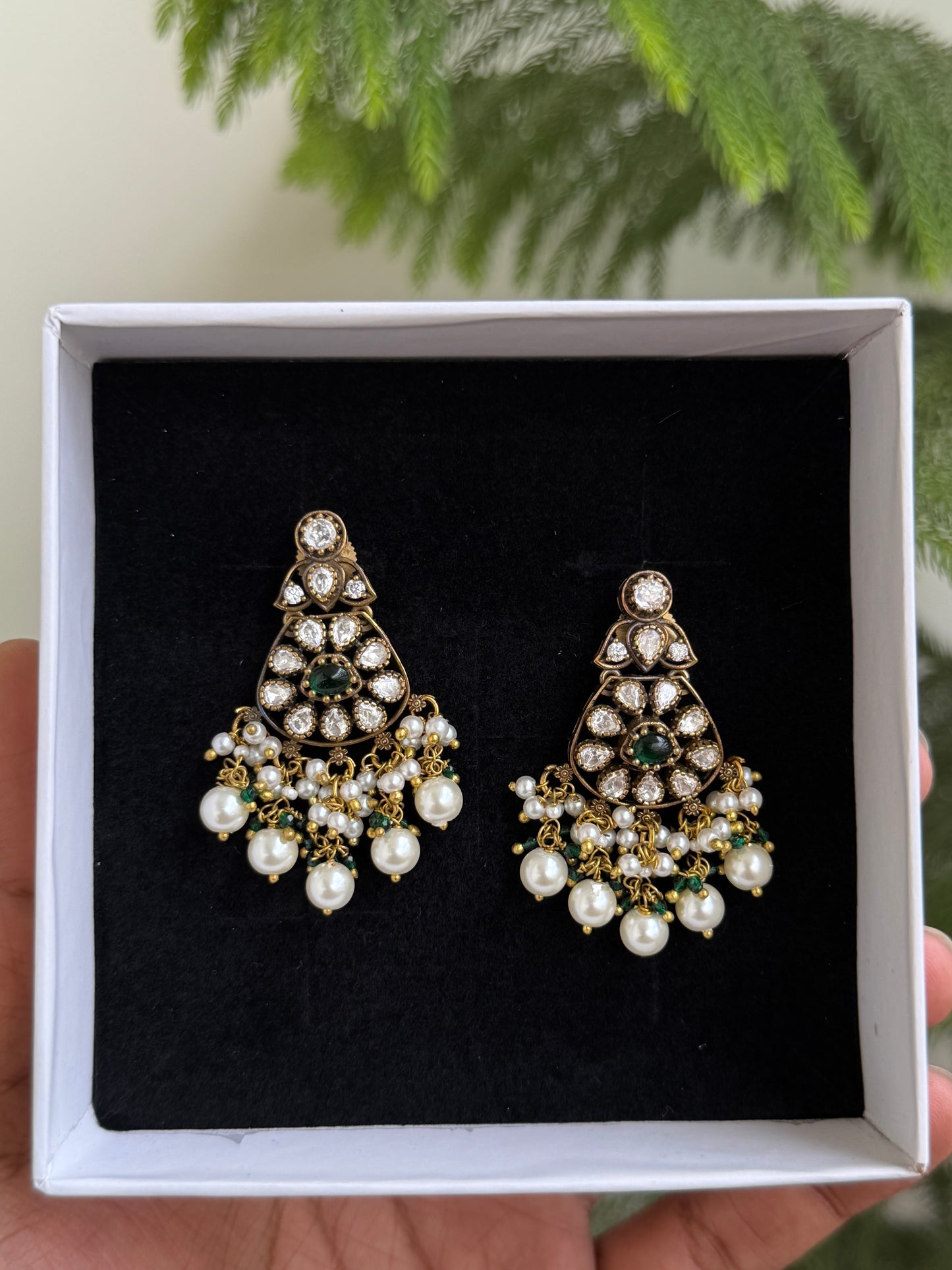 Moissanite Style Polki Danglers with Emerald & Pearl Drops (Antique Finish)