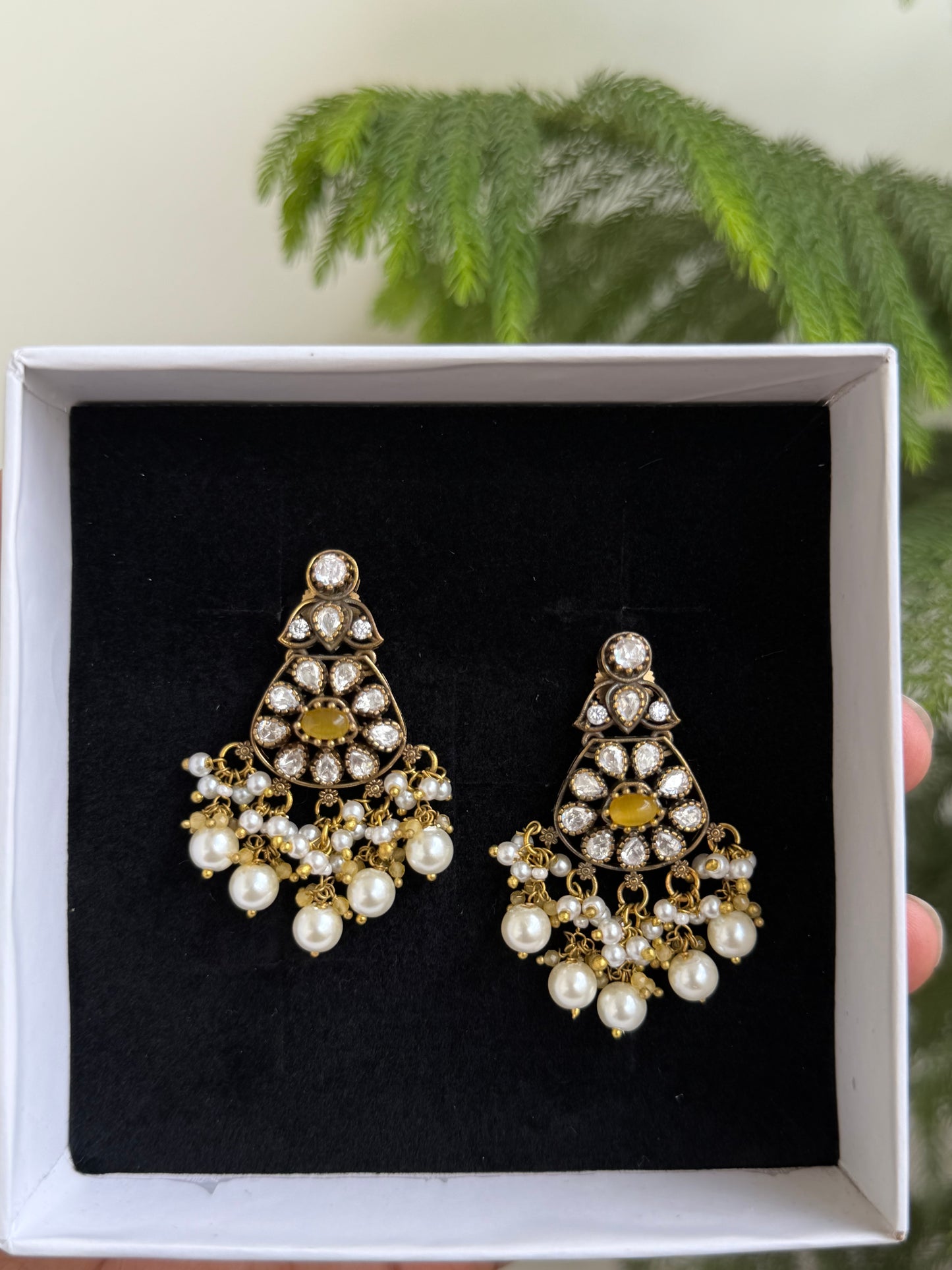 Moissanite Style Polki Danglers with Emerald & Pearl Drops (Antique Finish)