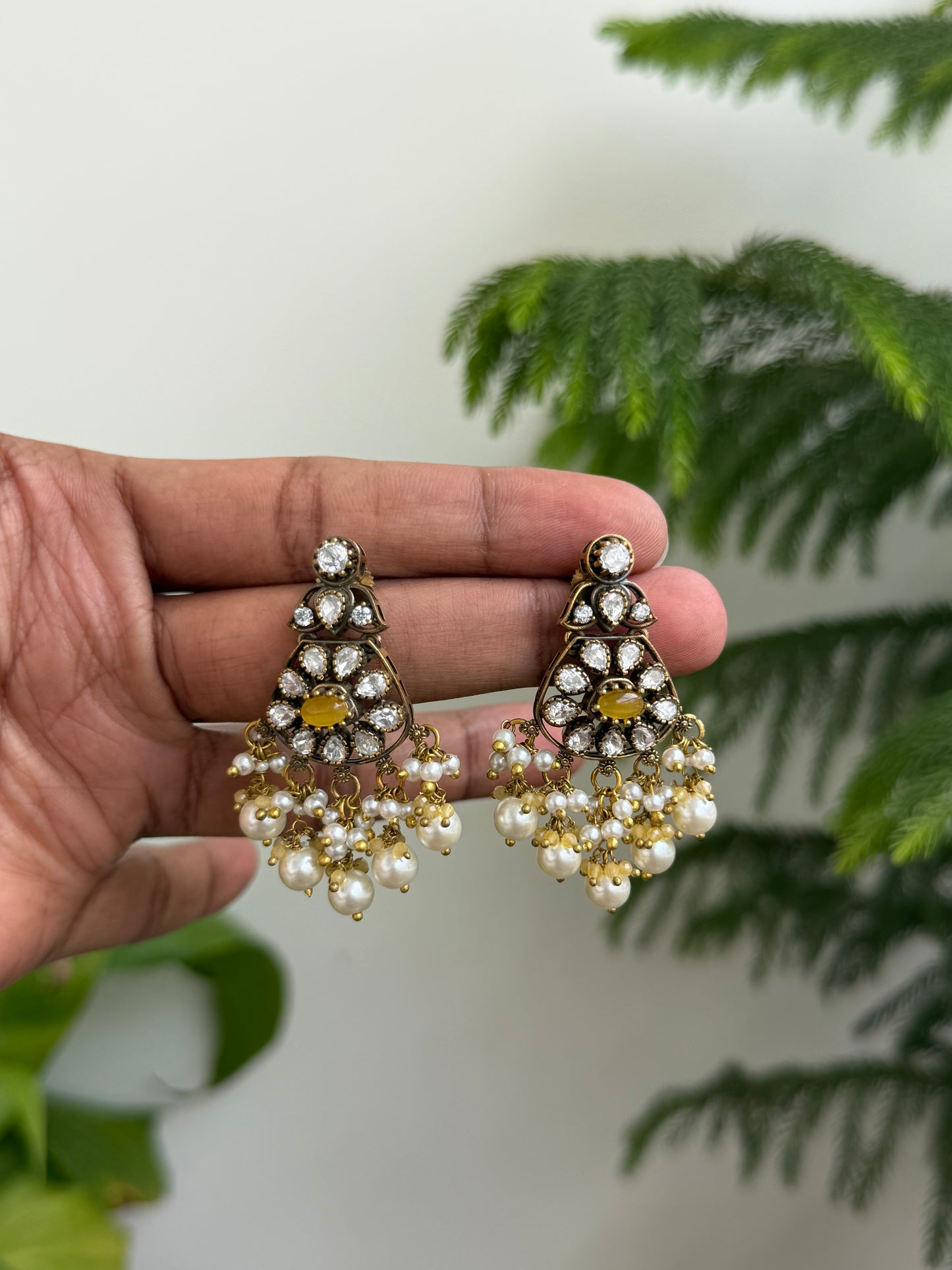 Moissanite Style Polki Danglers with Emerald & Pearl Drops (Antique Finish)