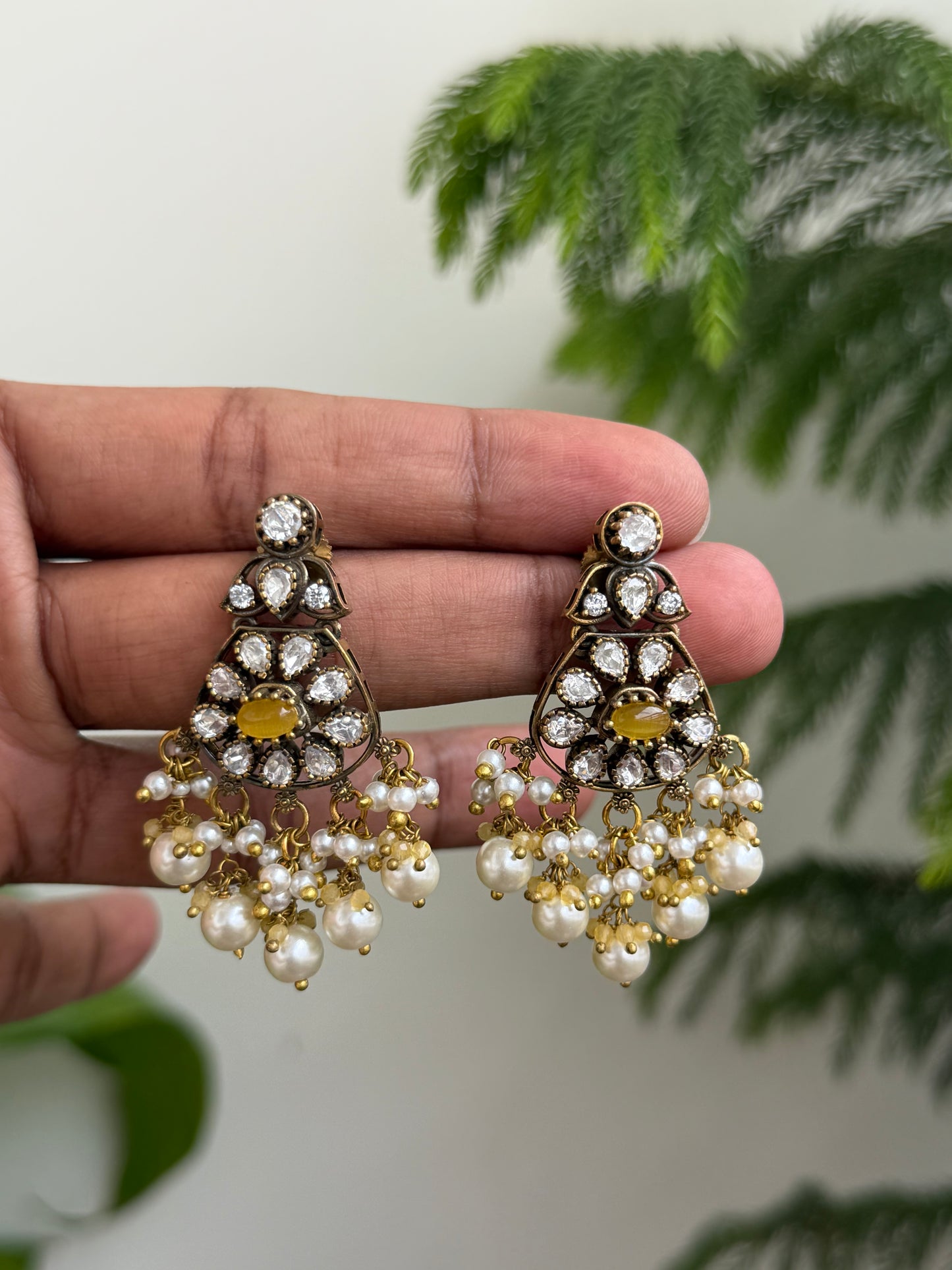 Moissanite Style Polki Danglers with Emerald & Pearl Drops (Antique Finish)
