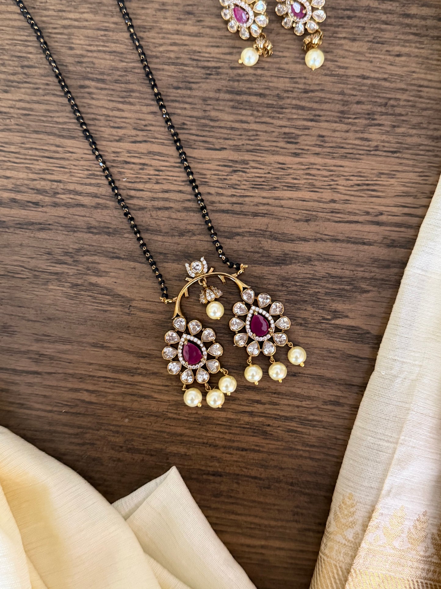 Premium Moissanite Style Emerald Pendant Mangalsutra & Earring Set