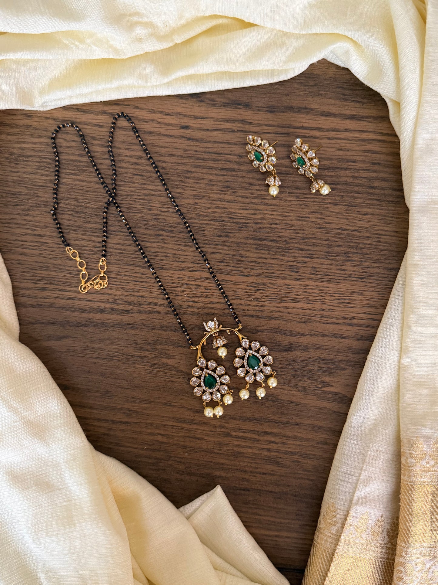 Premium Moissanite Style Emerald Pendant Mangalsutra & Earring Set