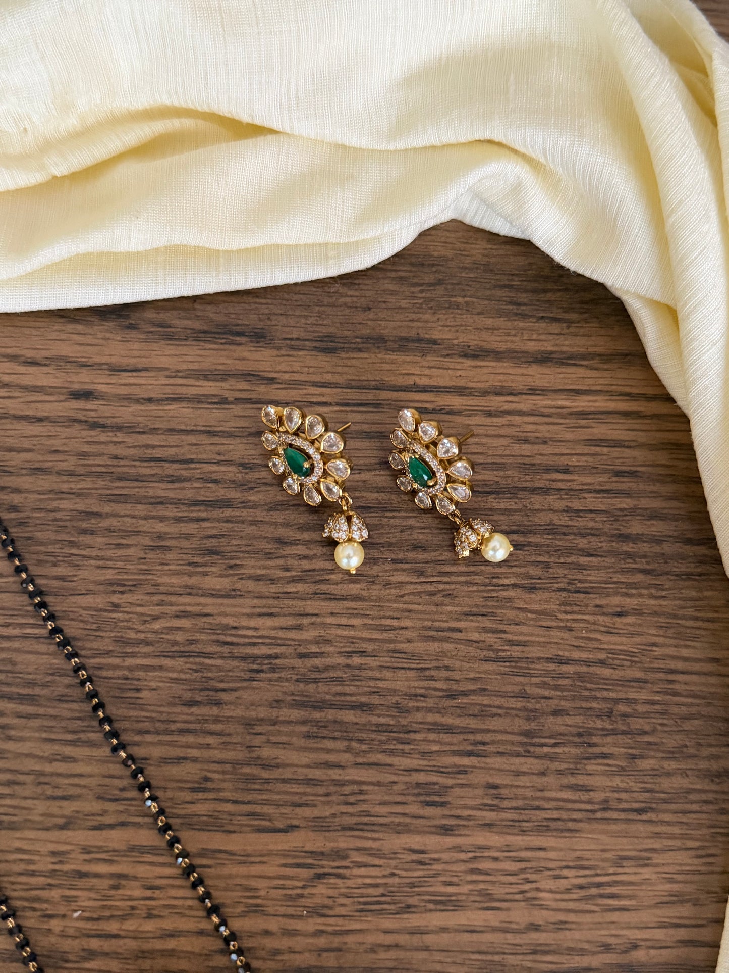 Premium Moissanite Style Emerald Pendant Mangalsutra & Earring Set