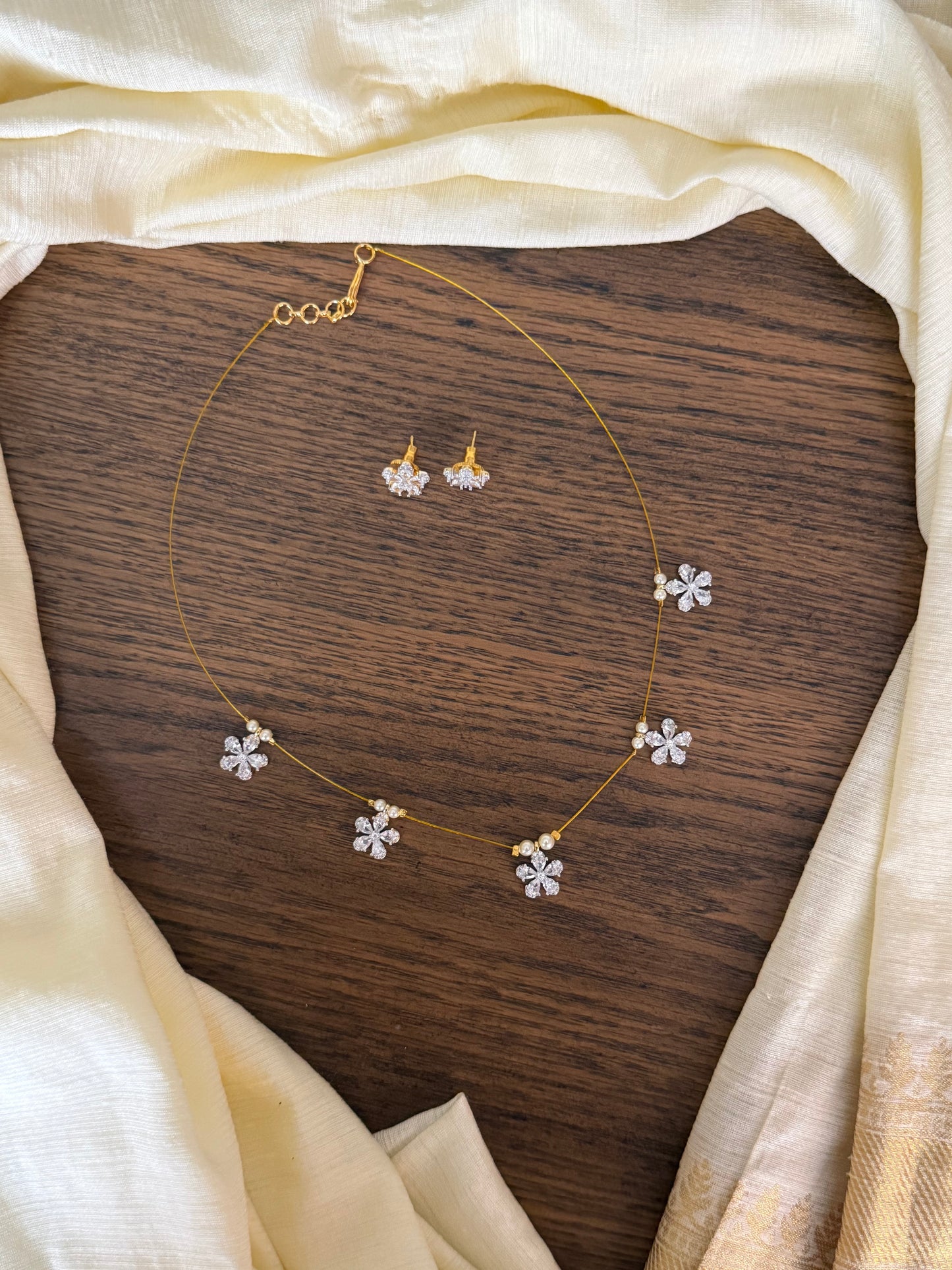 Invisible Chain Necklace with floral Charms & Matching Studs