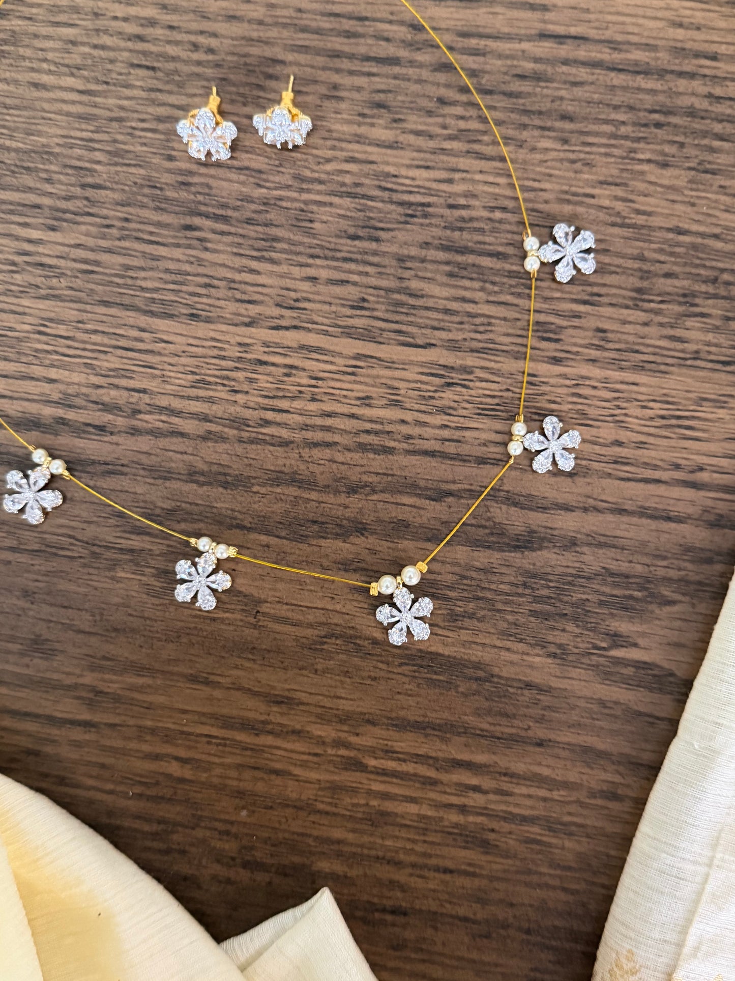 Invisible Chain Necklace with floral Charms & Matching Studs
