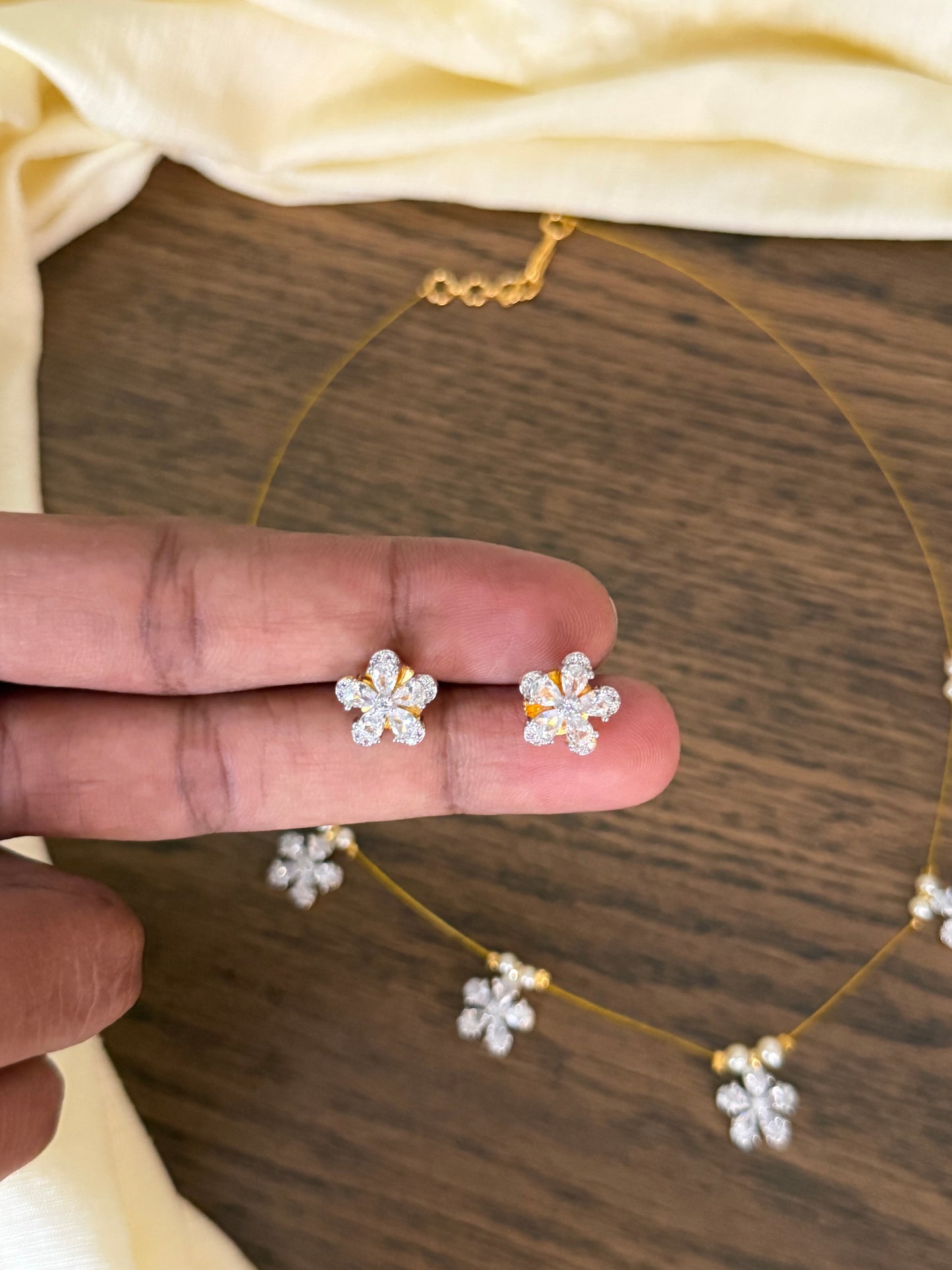 Invisible Chain Necklace with floral Charms & Matching Studs