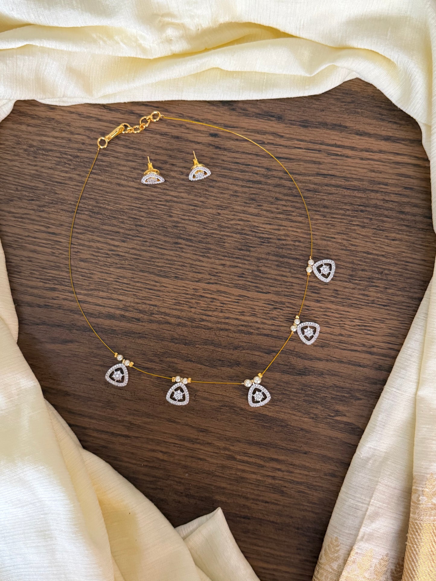 Invisible Chain Necklace with triangular Charms & Matching Studs