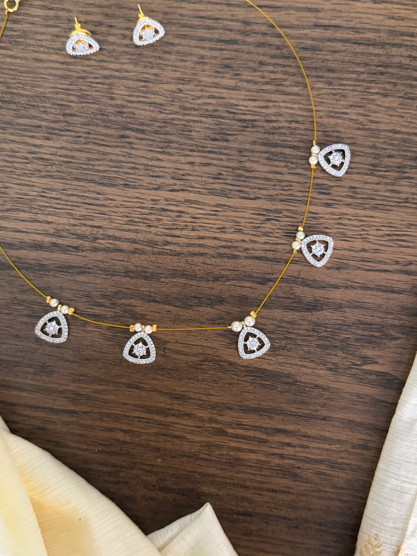 Invisible Chain Necklace with triangular Charms & Matching Studs