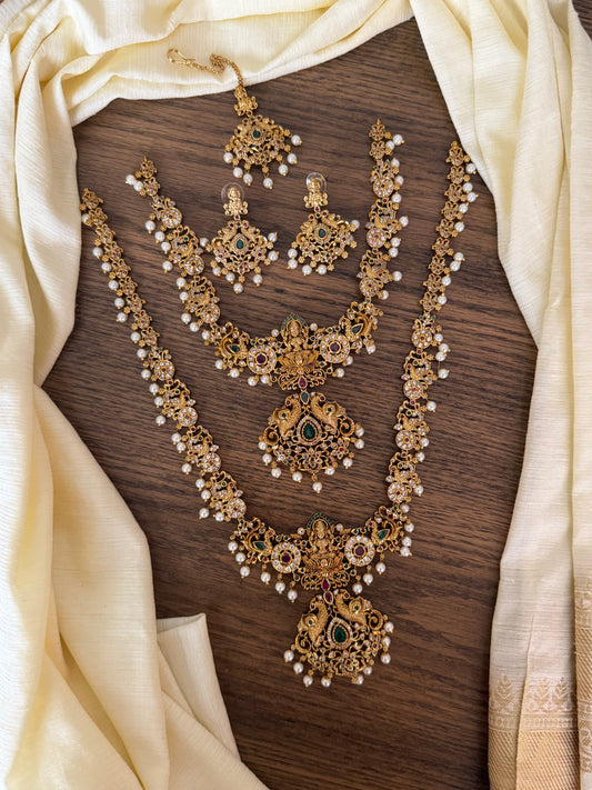 Grand Temple Jewelry Combo Set: Long & Short Necklace, Maang Tika & Earrings