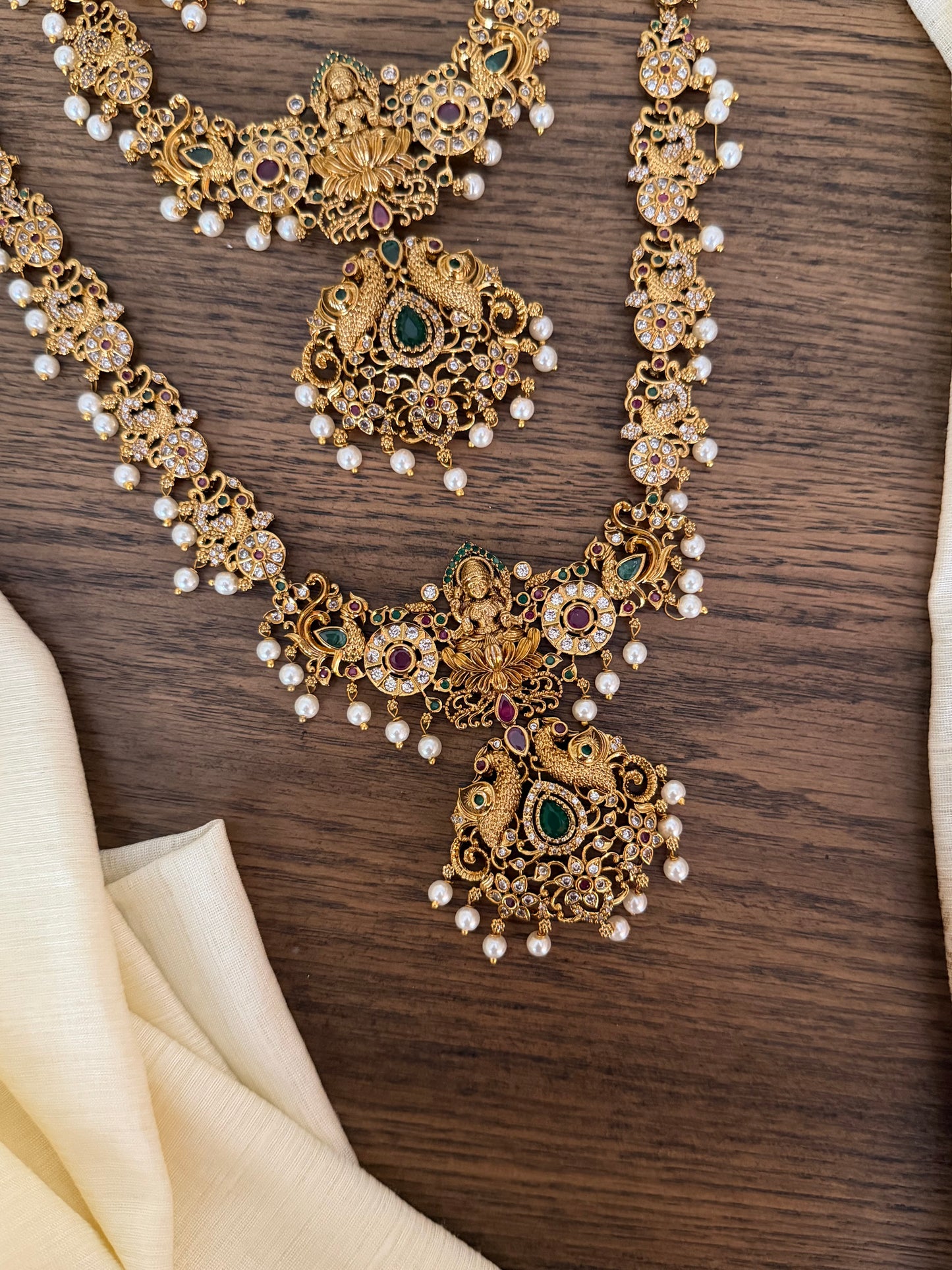Grand Temple Jewelry Combo Set: Long & Short Necklace, Maang Tika & Earrings