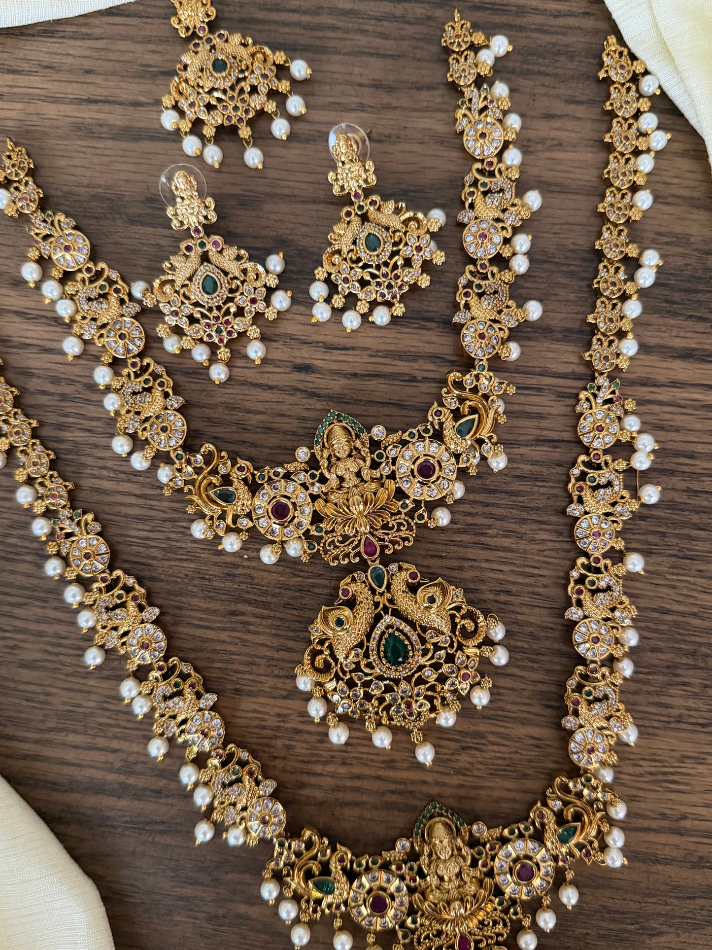 Grand Temple Jewelry Combo Set: Long & Short Necklace, Maang Tika & Earrings